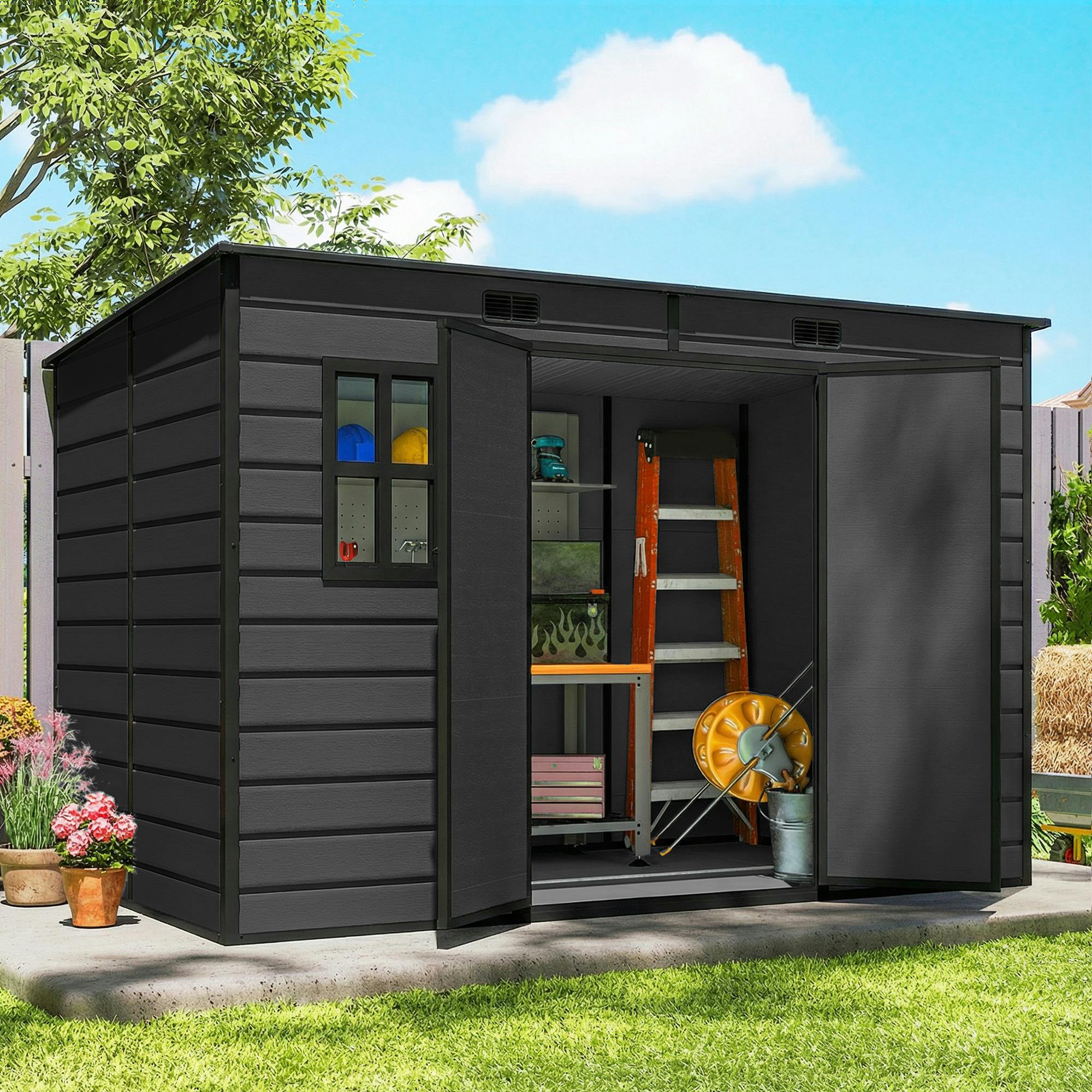 Rackhams Dark/Grey 10 X 6 Ft Plastic Garden Shed With Floor, Lockable Doors, - 303 X 183 X 197/184 Cm - Pp, Aluminium