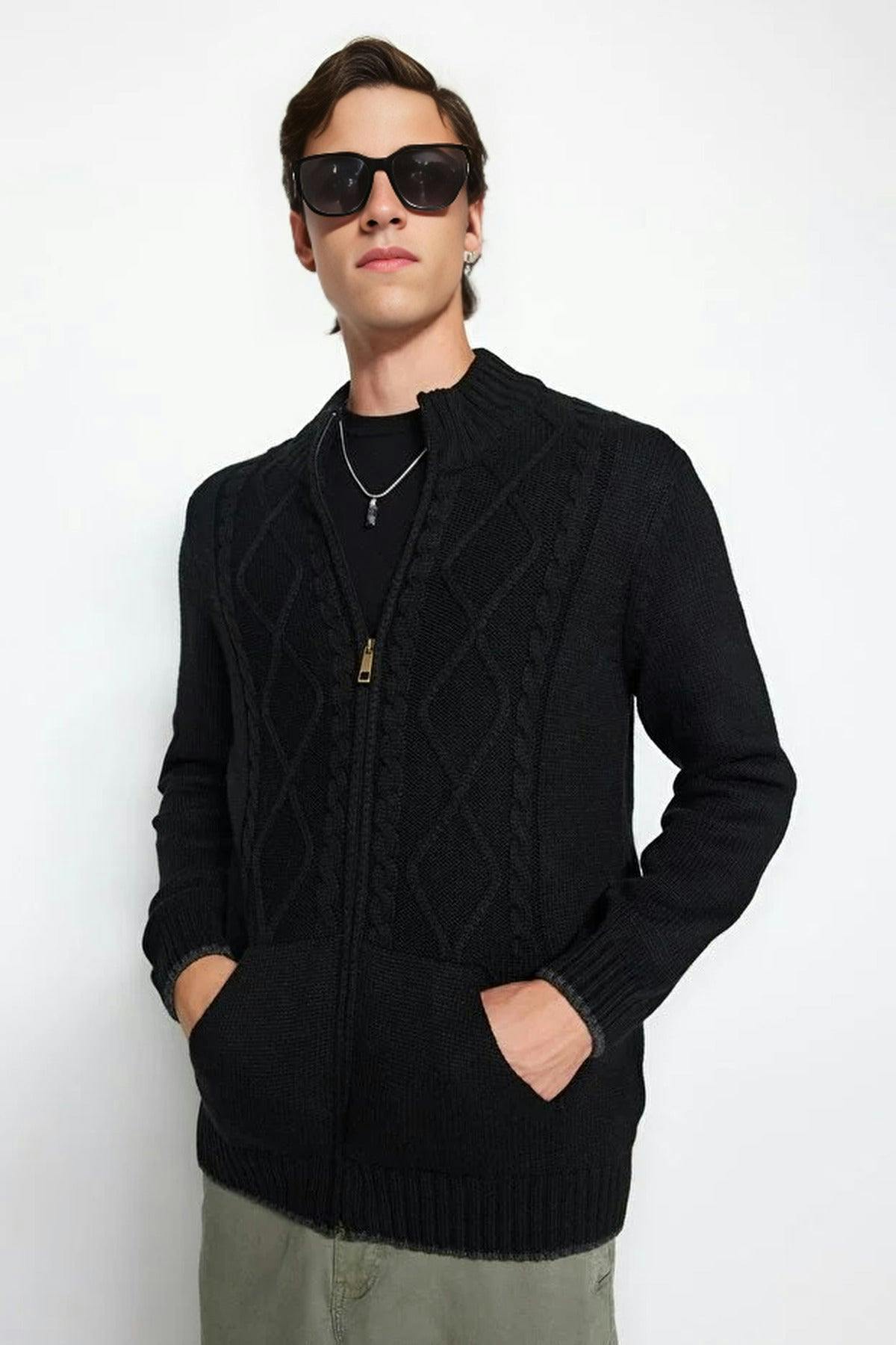 Wovcor Black Slim Fit Knit Cardigan With Zipper And Pocket - S
