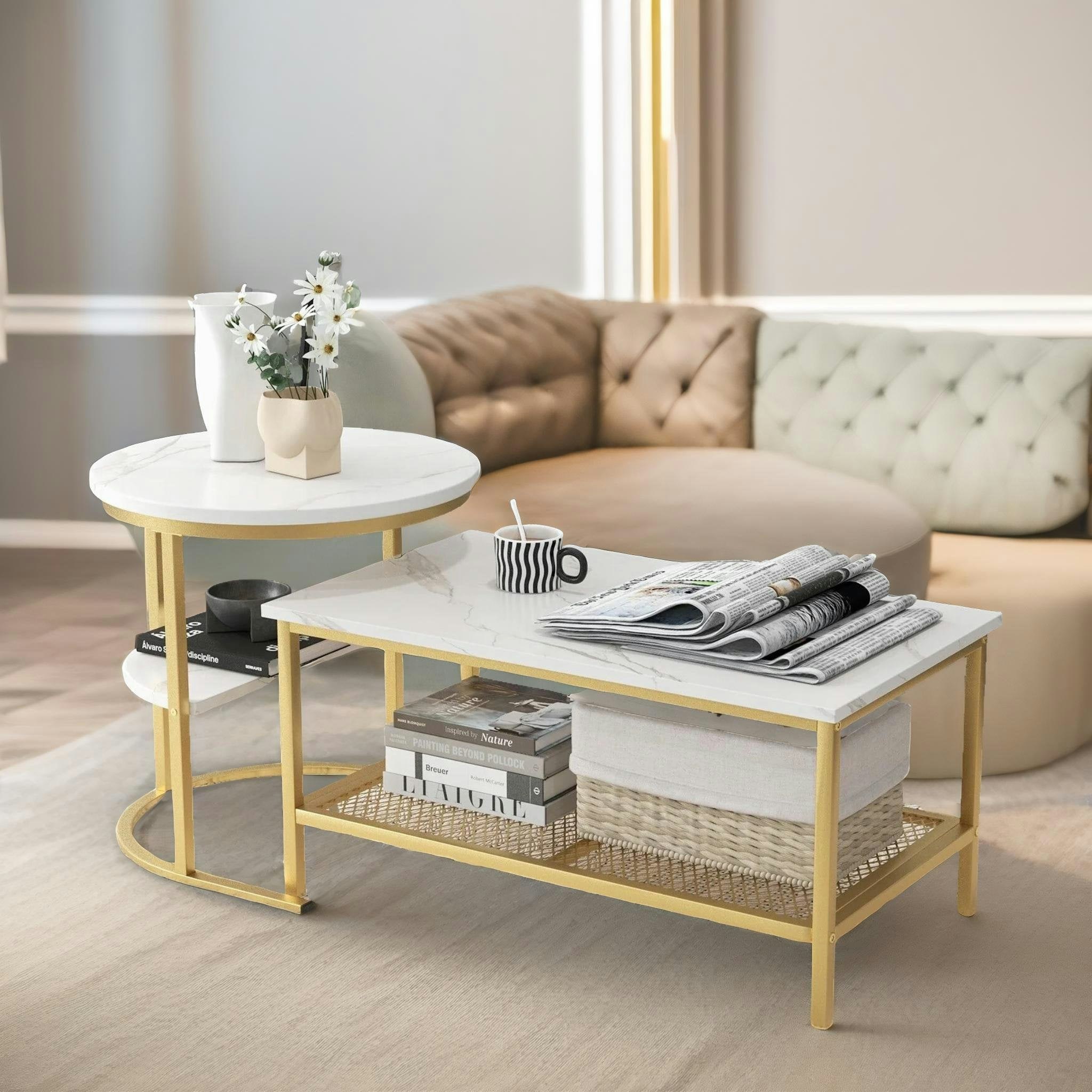 Rafaelo Mobilia Gold Set Of 2 Faux Marble Nesting Tables