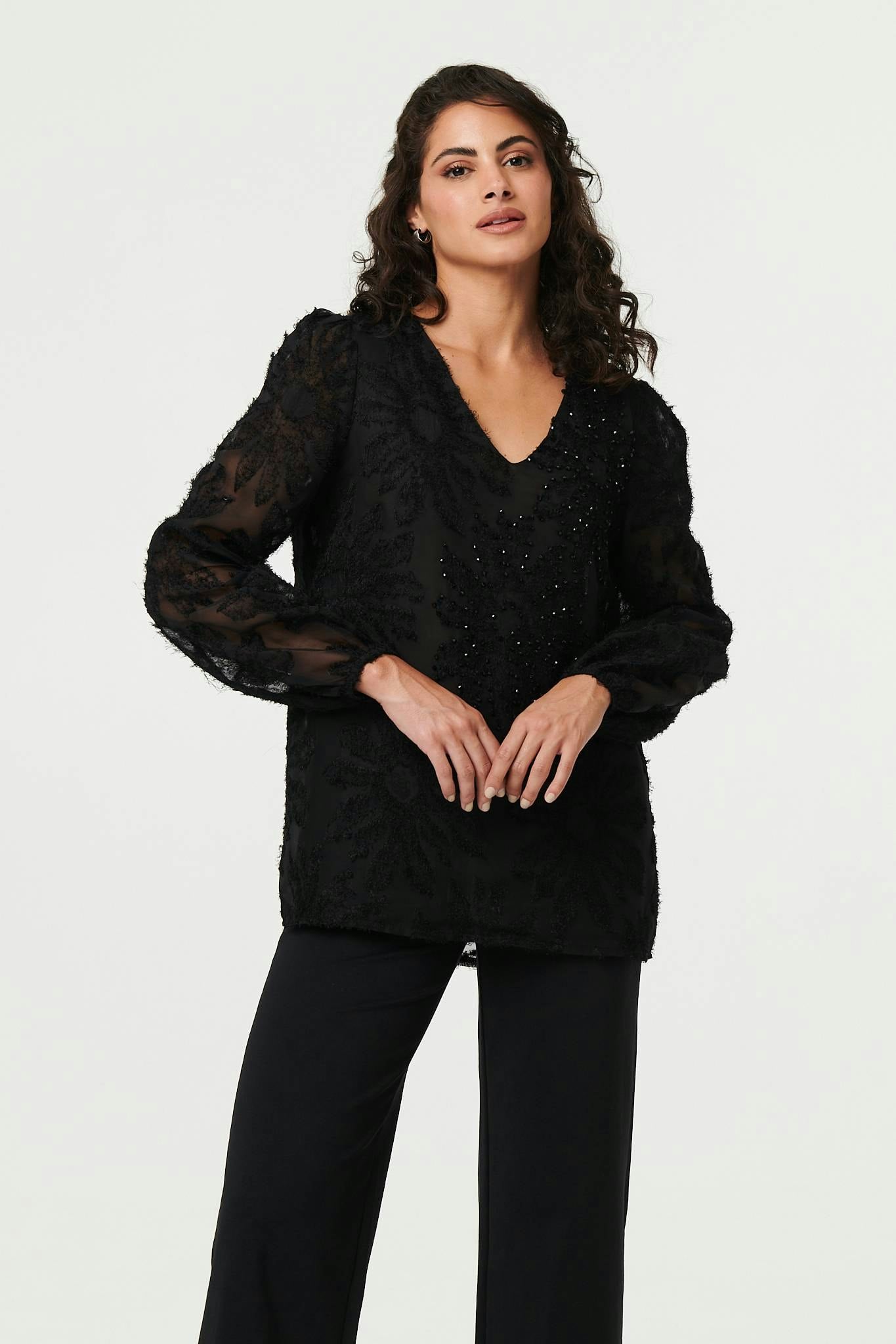 Izabel London Black Lace Embellished V-Neck Long Sleeve Top - 14