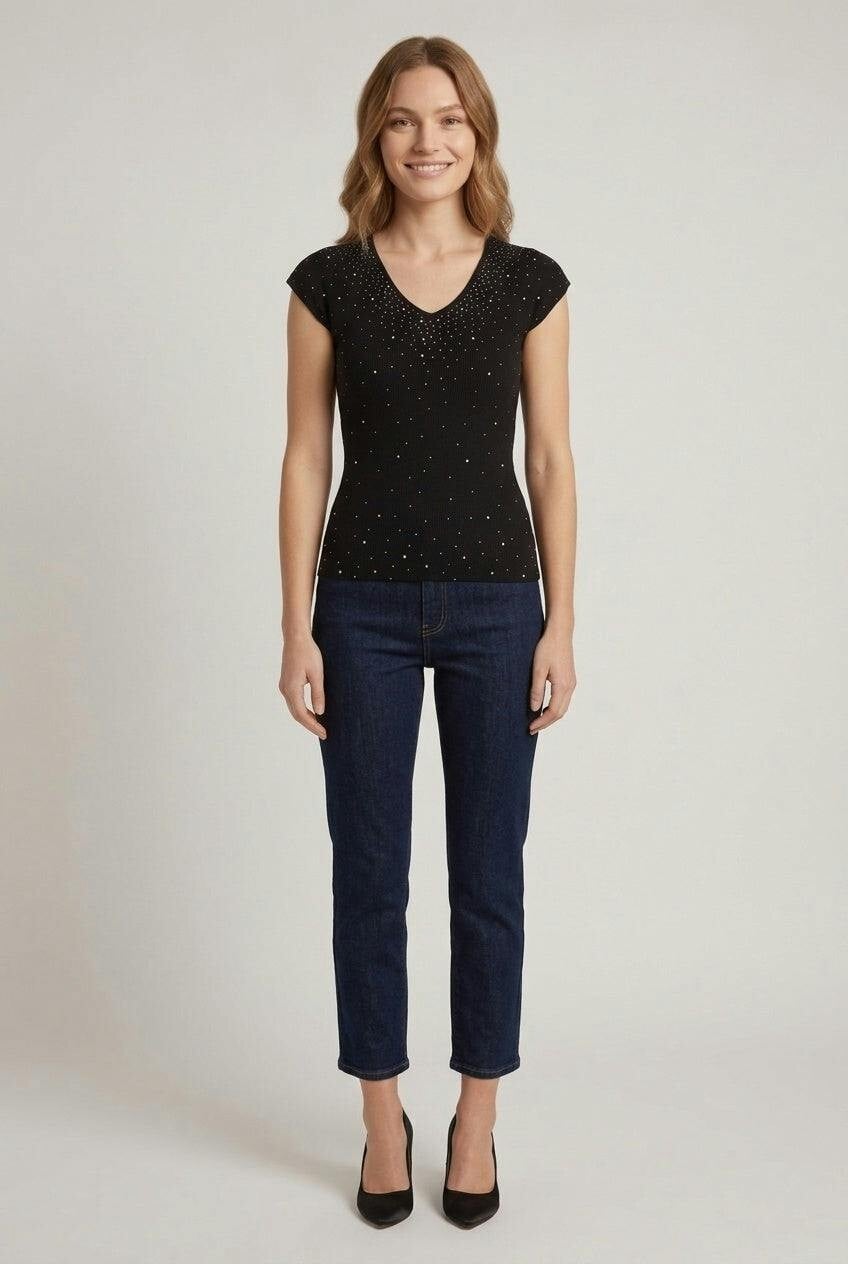 Izabel London Black Sparkle Detail Short Sleeve Knit Top - 16