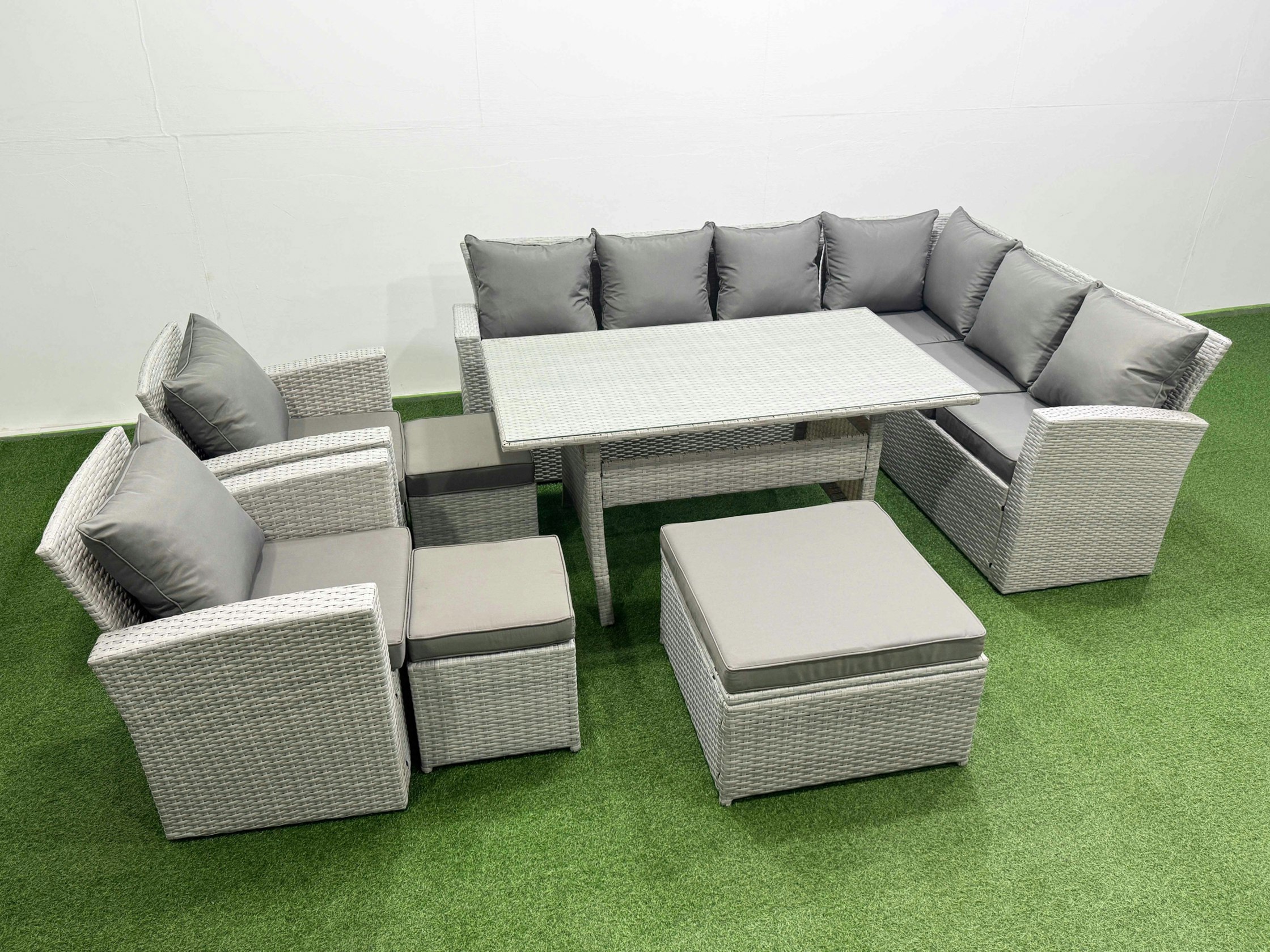 Rackhams Light/Grey Rattan Garden Furniture Set Outdoor 11 Seater Patio Dining Corner Sofa Sets With Dining Table Chair 3 Footstools Mixed