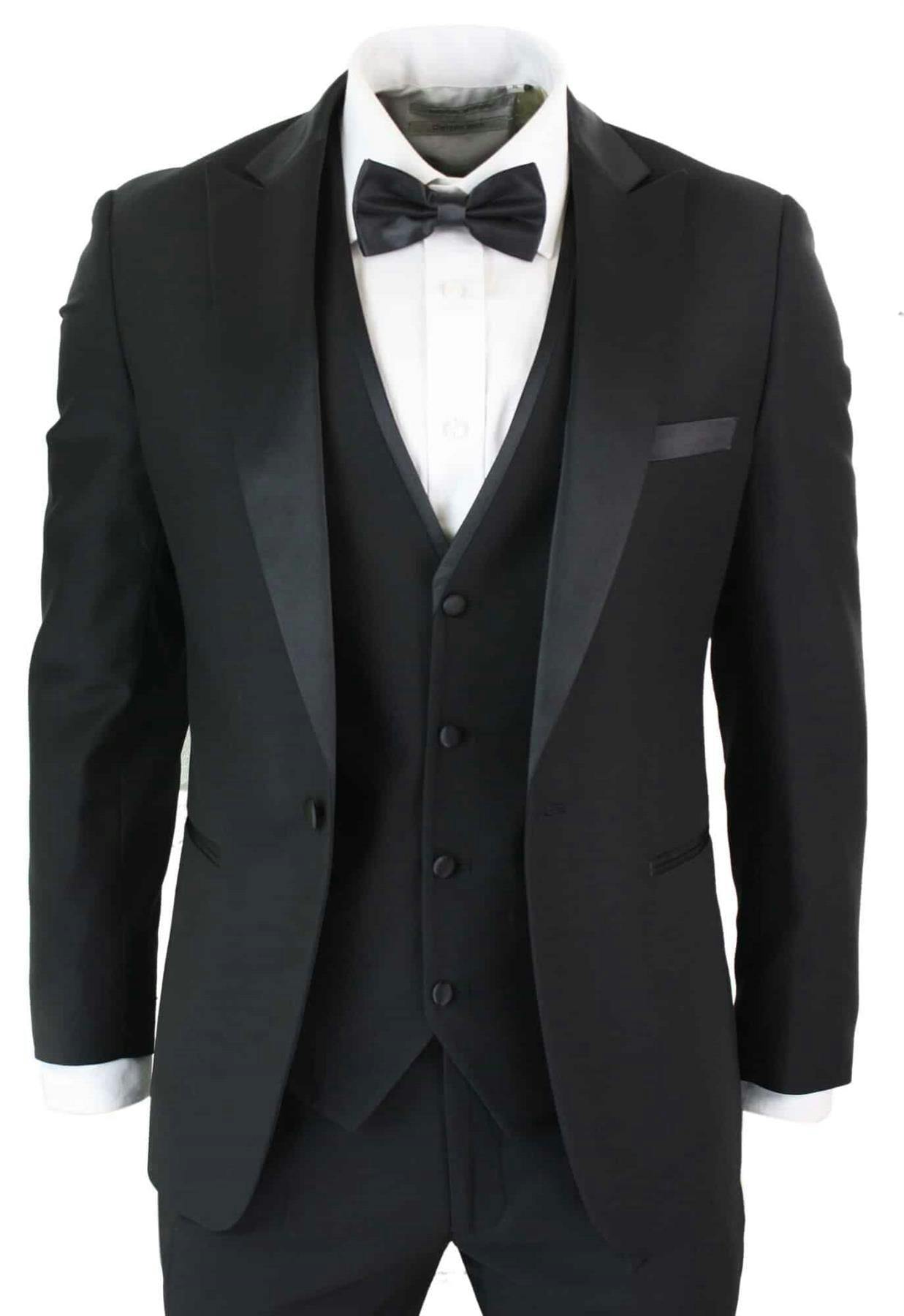 Paul Andrew Men's Black 3 Piece Tuxedo Suit Classic Satin Dinner Tailored Fit Wedding Prom - 48" Jacket 42" Trousers