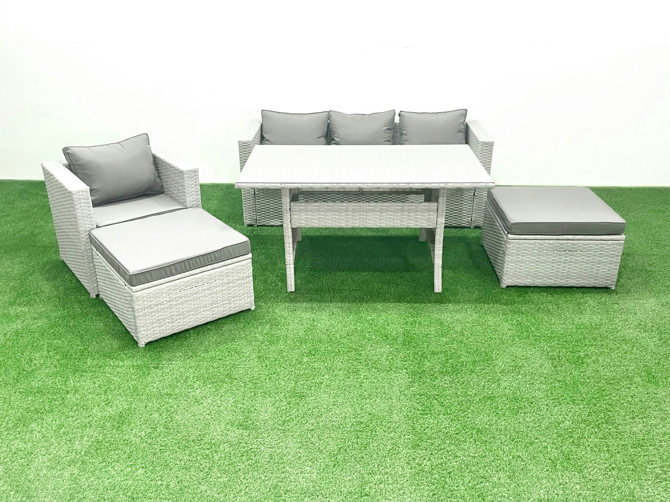 Rackhams Light/Grey Rattan Garden Furniture Set Outdoor 6 Seater Patio Dining Sets With Glass Top Dining Table Mixed