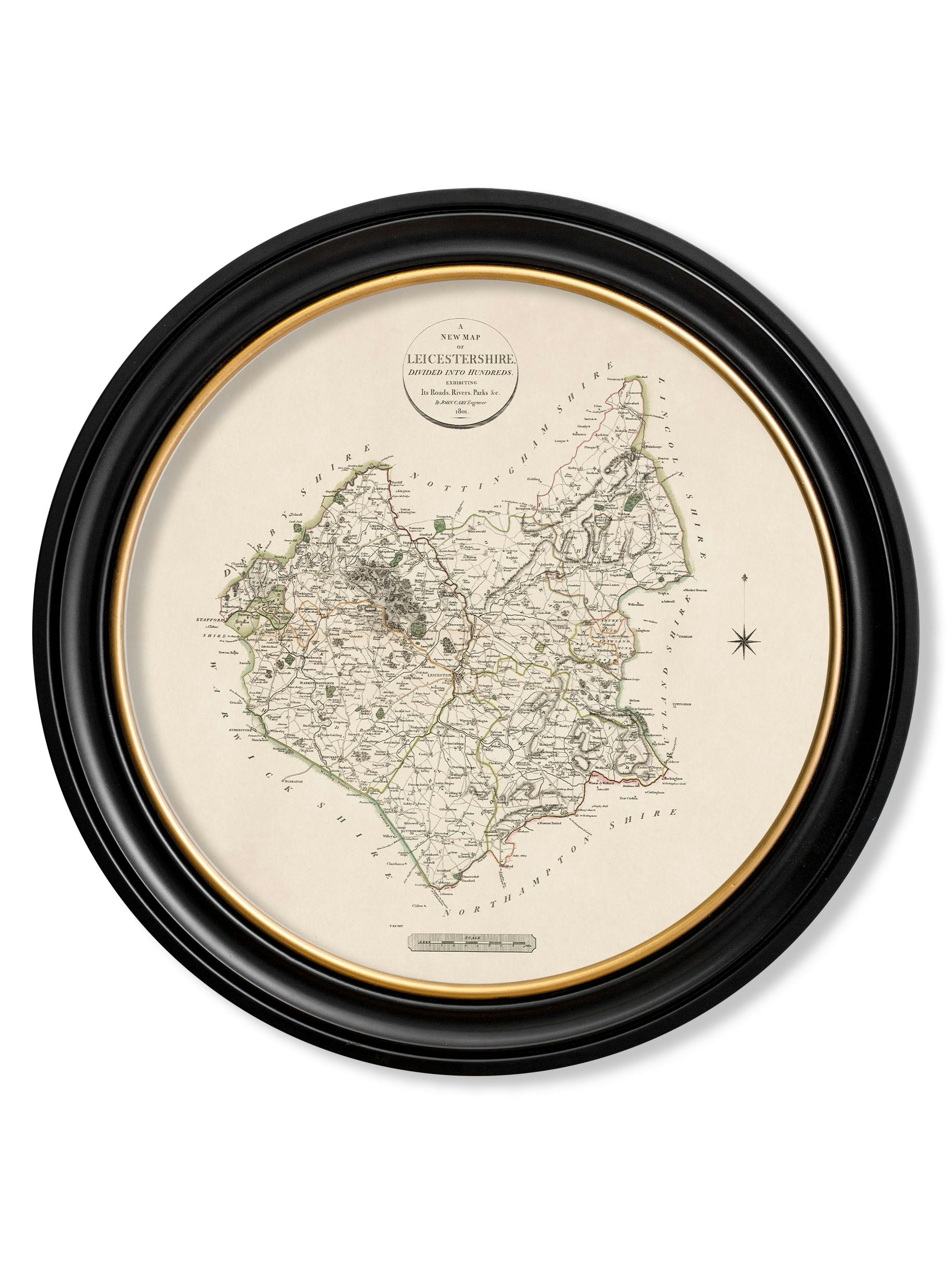 Rackhams Black C.1806 County Maps Of England - Round - 70 X 70Cm - Leicestershire