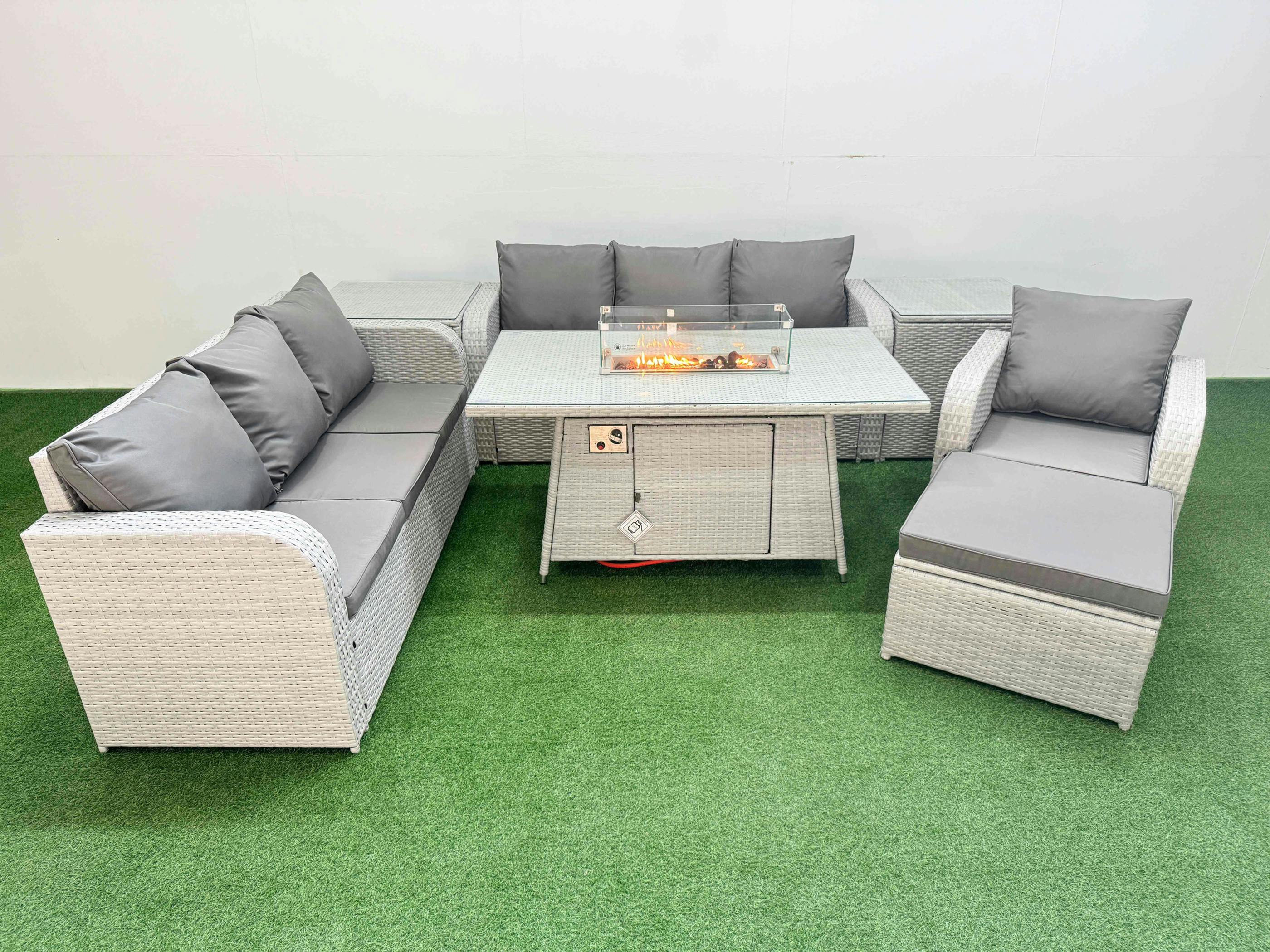 Fimous Light/Grey 8 Seater Poly Rattan Garden Furniture Patio Set, Firepit Table, 3 Seater Sofas, Reclining Chair, Big Footstool, 2 Side Tables,
