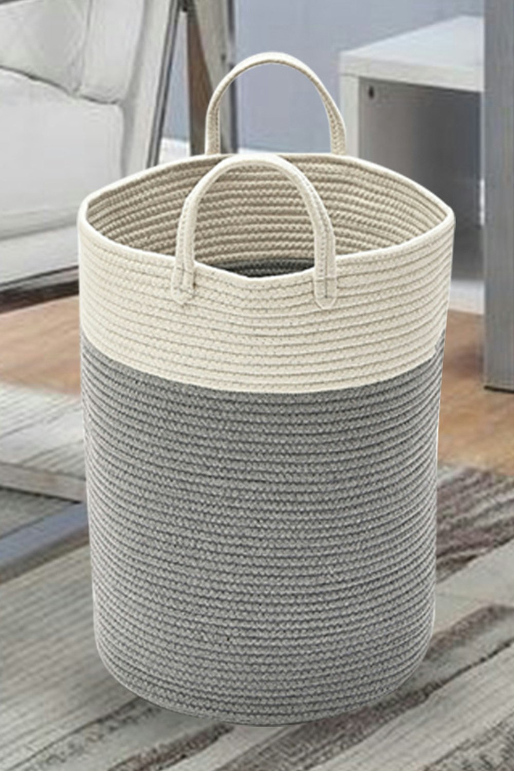 Living And Home Grey 63L Woven Cotton Thread Laundry Clothes Hamper Basket Baby Kids Toys Storage With Handlers 50Cm H