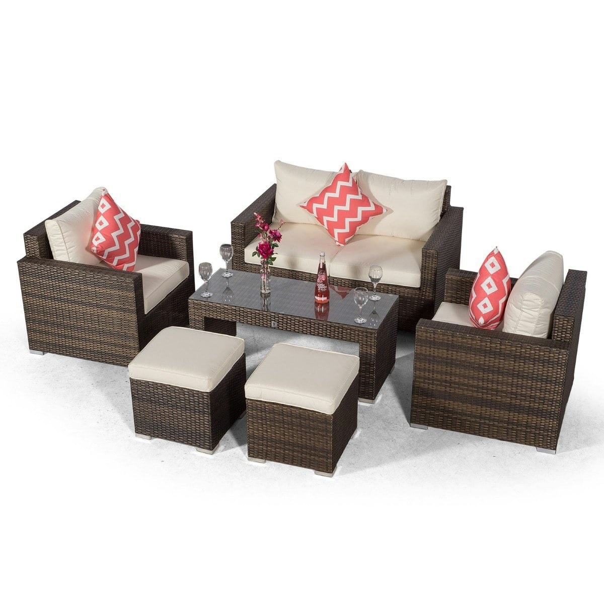 Rackhams Brown Sydney 4 Seater Rattan Sofa Set With Coffee Table And 2 Stools - 1