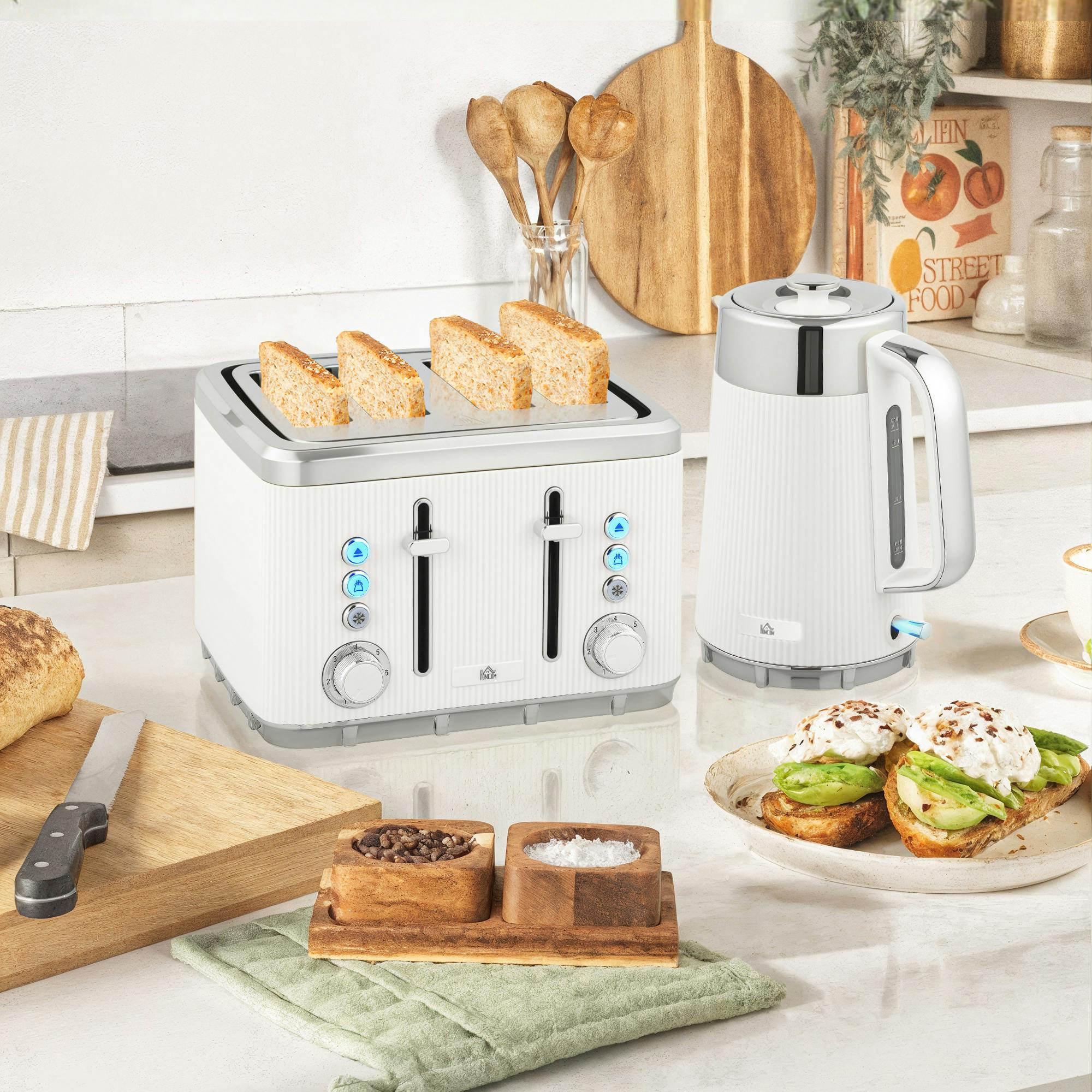 Homcom Black/White 1.7L 3000W Rapid Boil Kettle And 4 Slice Toaster Set Crumb Tray