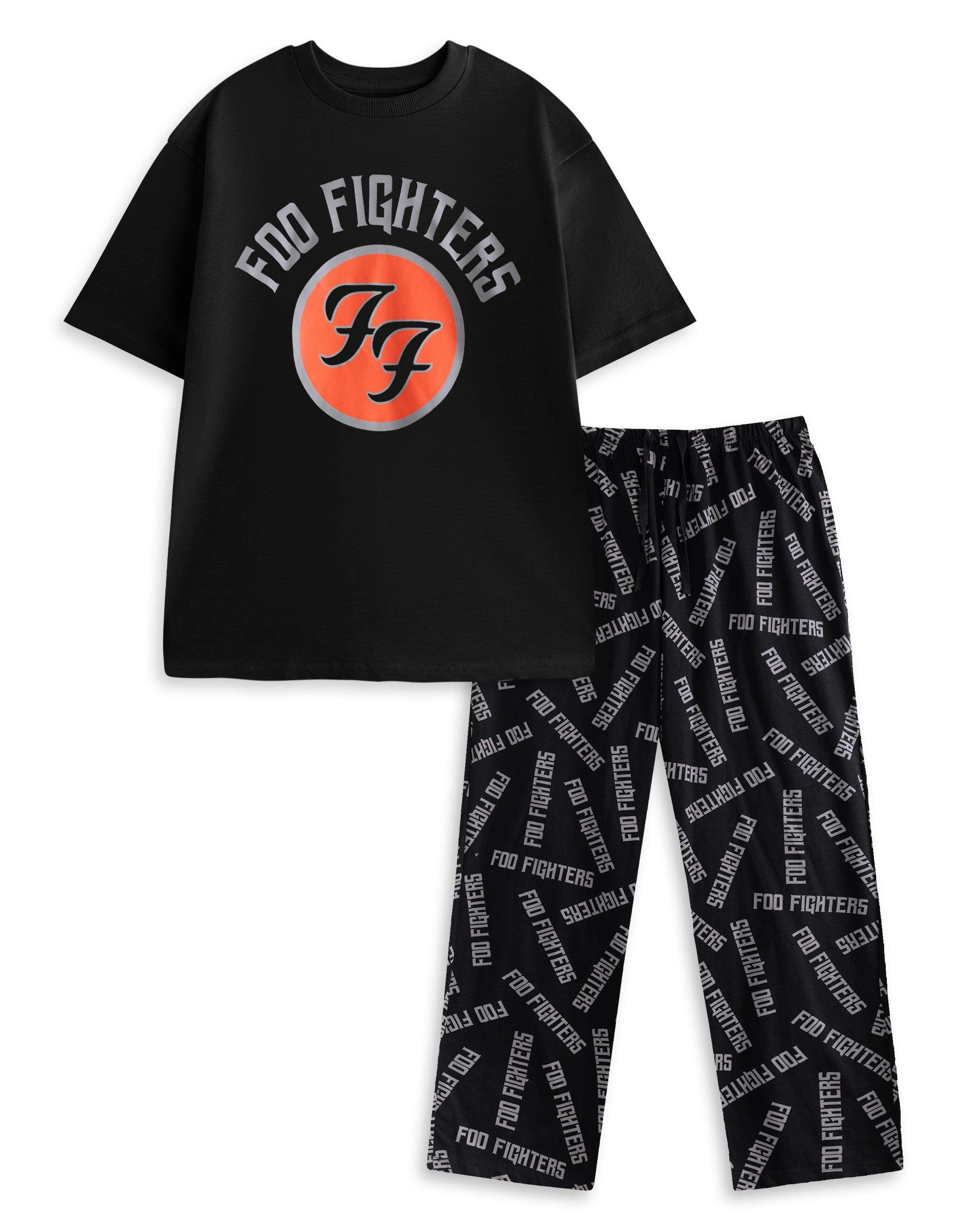 Vanilla Underground Men's Black Foo Fighters Logo Short Sleeve Long Leg Pyjama Set - Medium