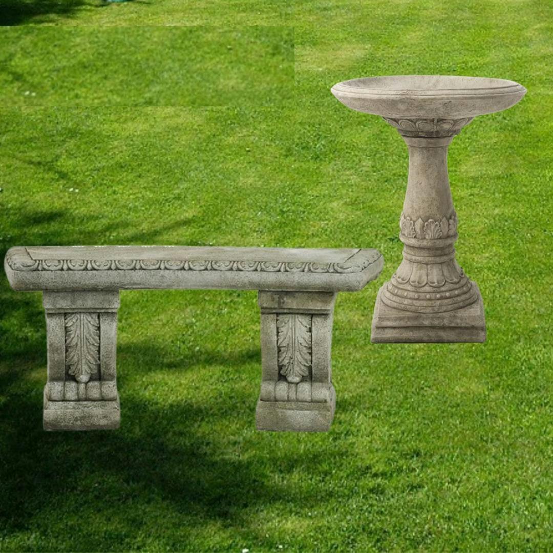 Rackhams Stone Cast Garden Bench & Lala Design Birdbath
