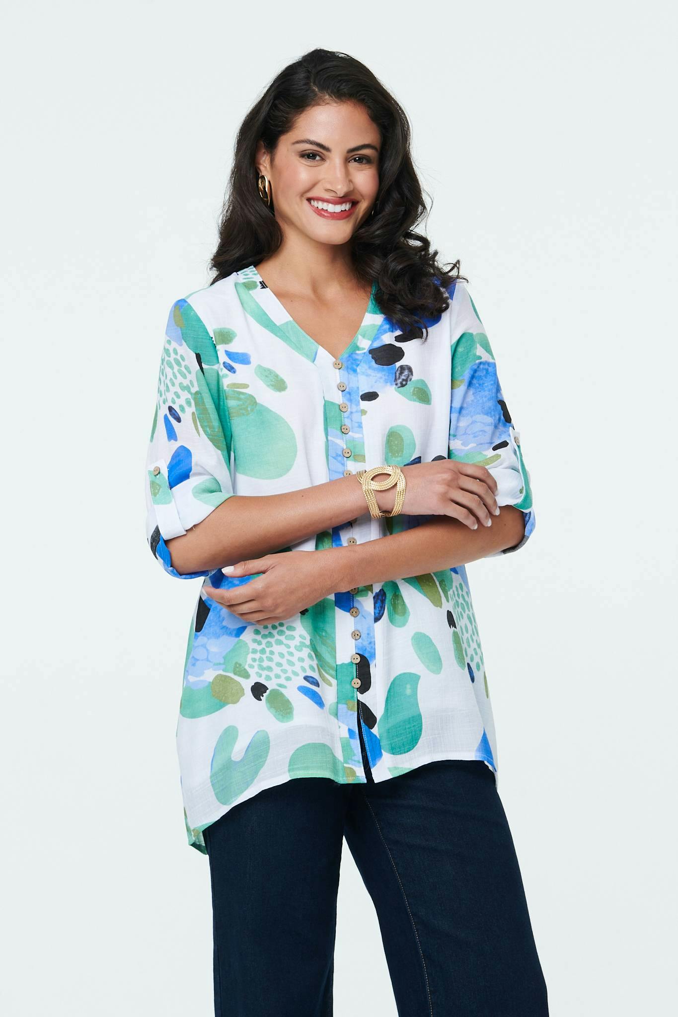 Izabel London Blue Abstract Relaxed 3/4 Sleeve Tunic Blouse - 10