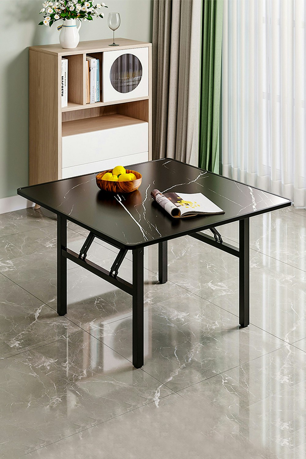 Rackhams Black 80Cm Square Foldable Coffee Table With Marble Effect Top Low Dining Table
