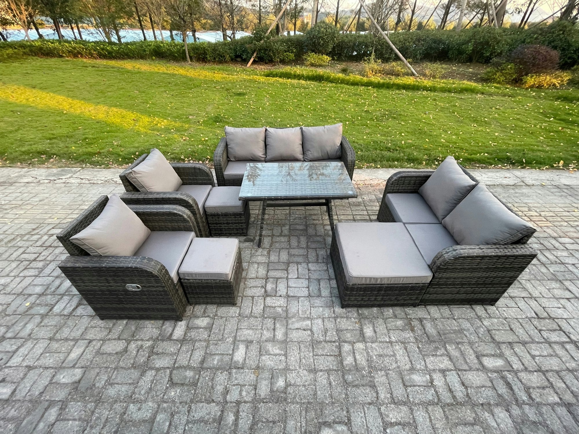 Fimous Dark/Grey Outdoor Rattan Garden Furniture Set 10 Seater Patio Lounge Sofa Set With Dining Table 3 Footstools Mixed