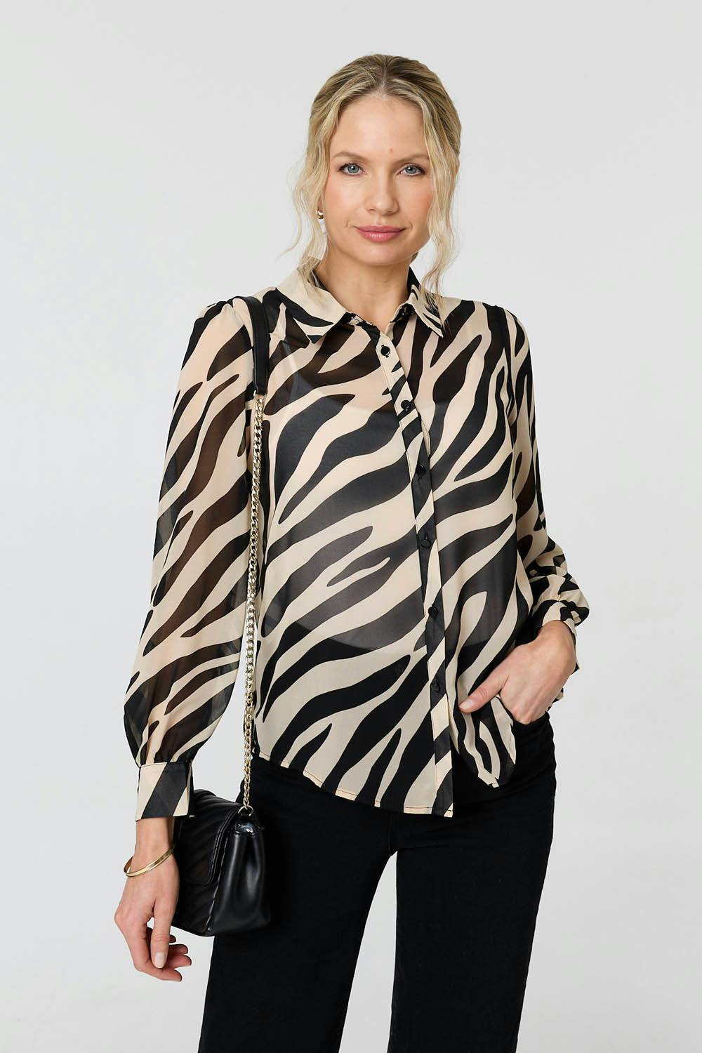 Izabel London Black Zebra Print Long Sleeve Semi Sheer Shirt - 16