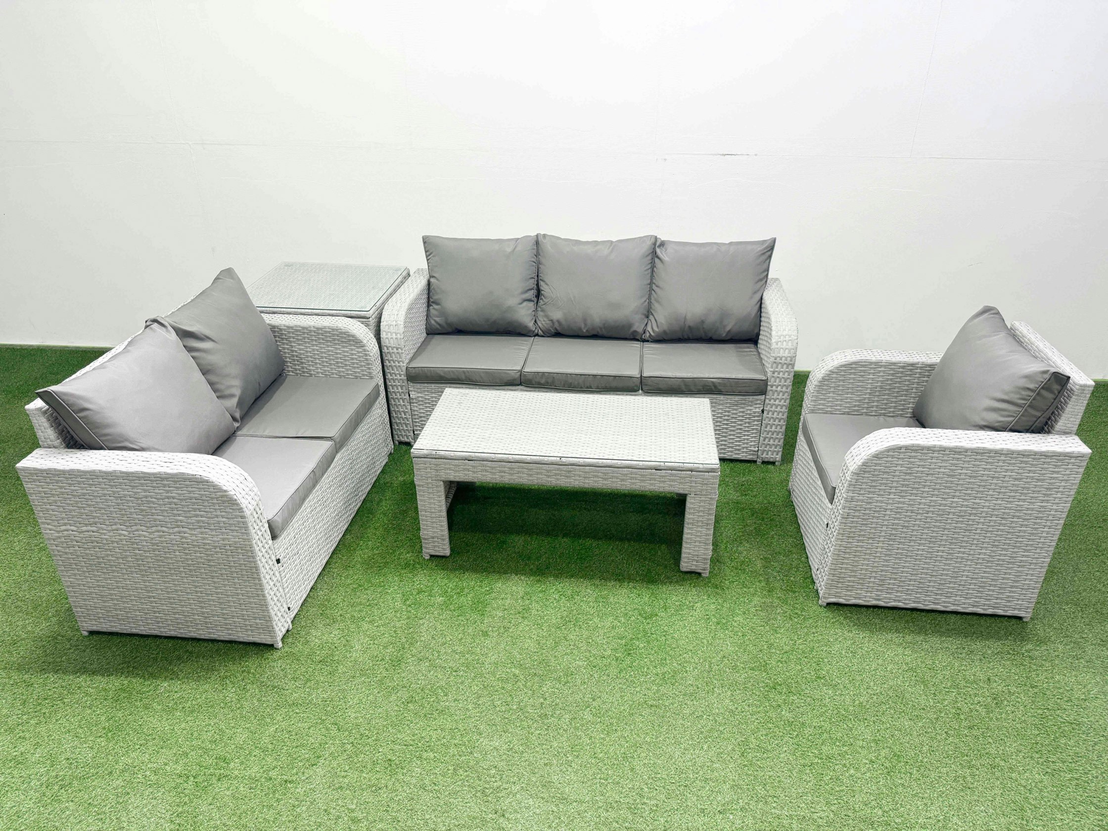 Rackhams Light/Grey 6-Seater Pe Rattan Outdoor Sofa Set | Oblong Coffee Table, Reclining Chair, Loveseat, 3-Seater Sofa, Side Table