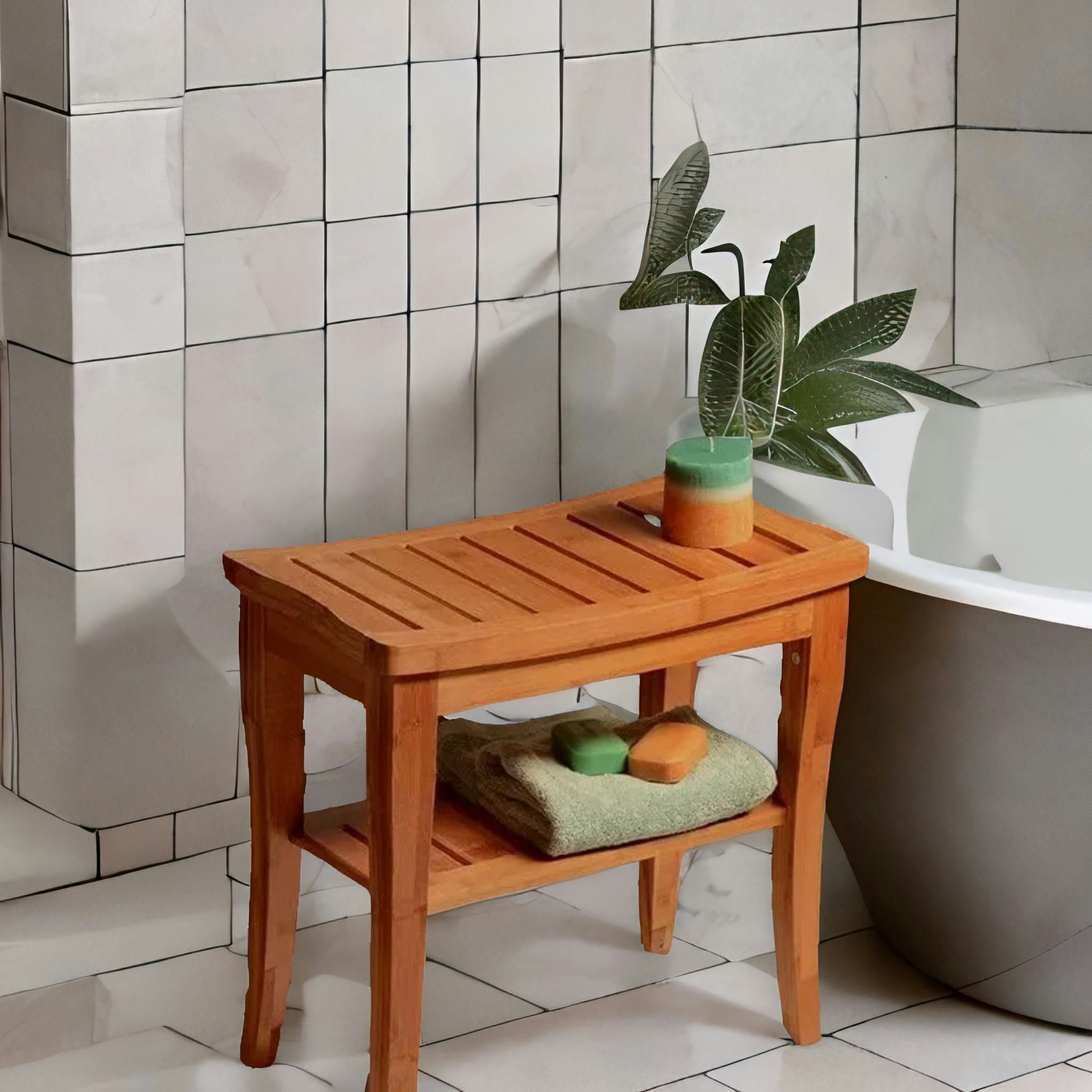 Bmbo Brown 2 Tier Wooden Side Table Shower Stool Natural