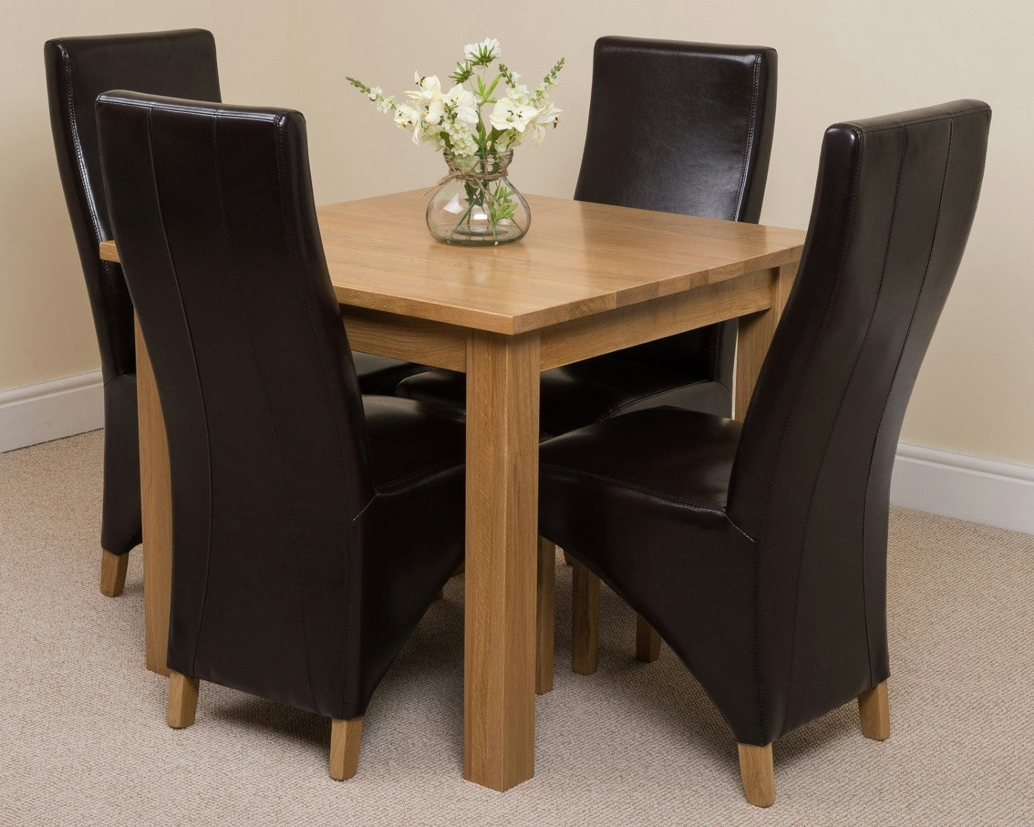 Rackhams Brown Oslo 90 X 90Cm Small Square Oak Dining Set With Lola Leather Chairs - 1 - 4 Chairs