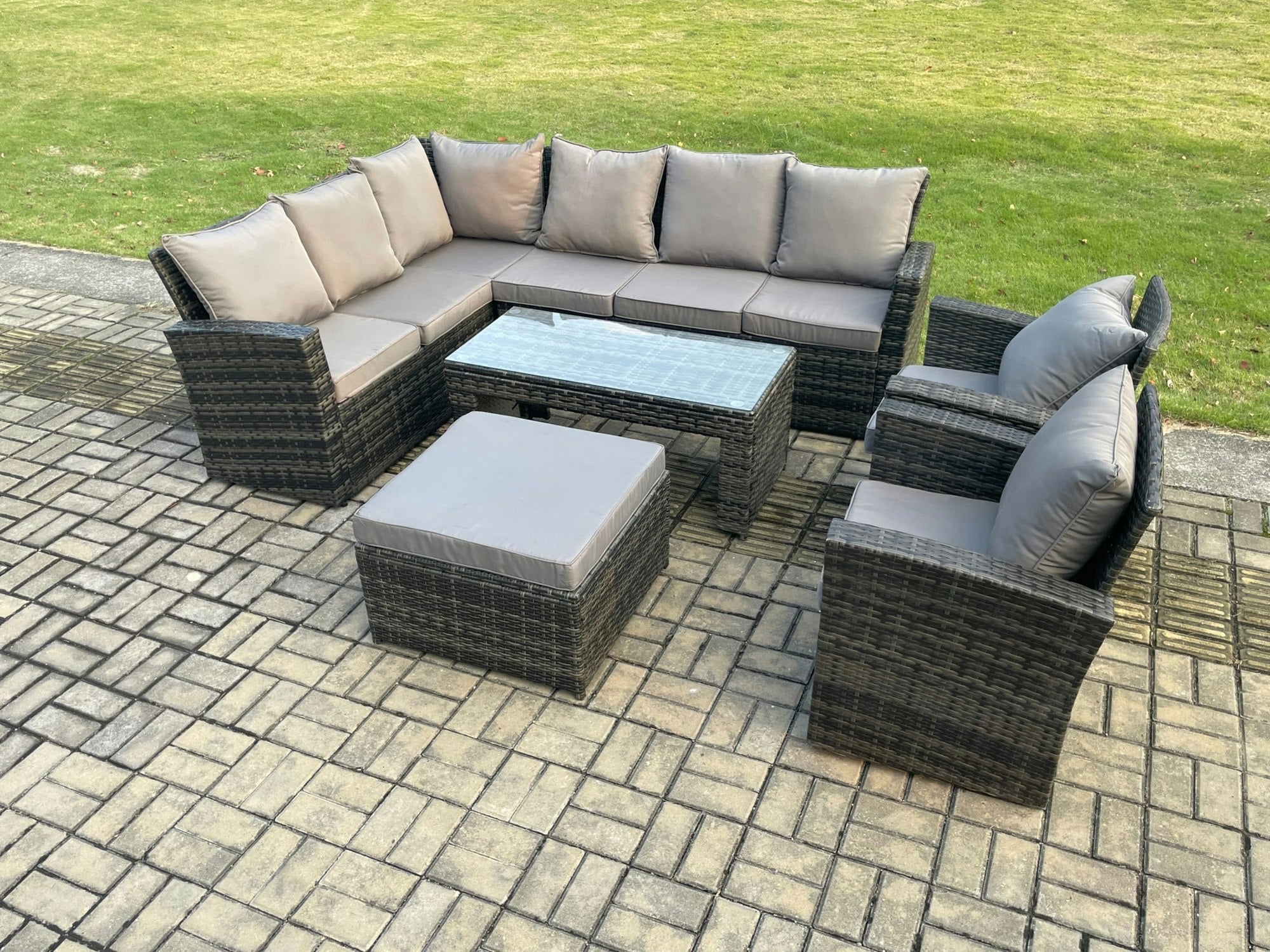 Rackhams Dark/Grey Outdoor Furniture Garden Dining Set Rattan Corner Sofa Set With 2 Armchairs Big Footstool Mixed