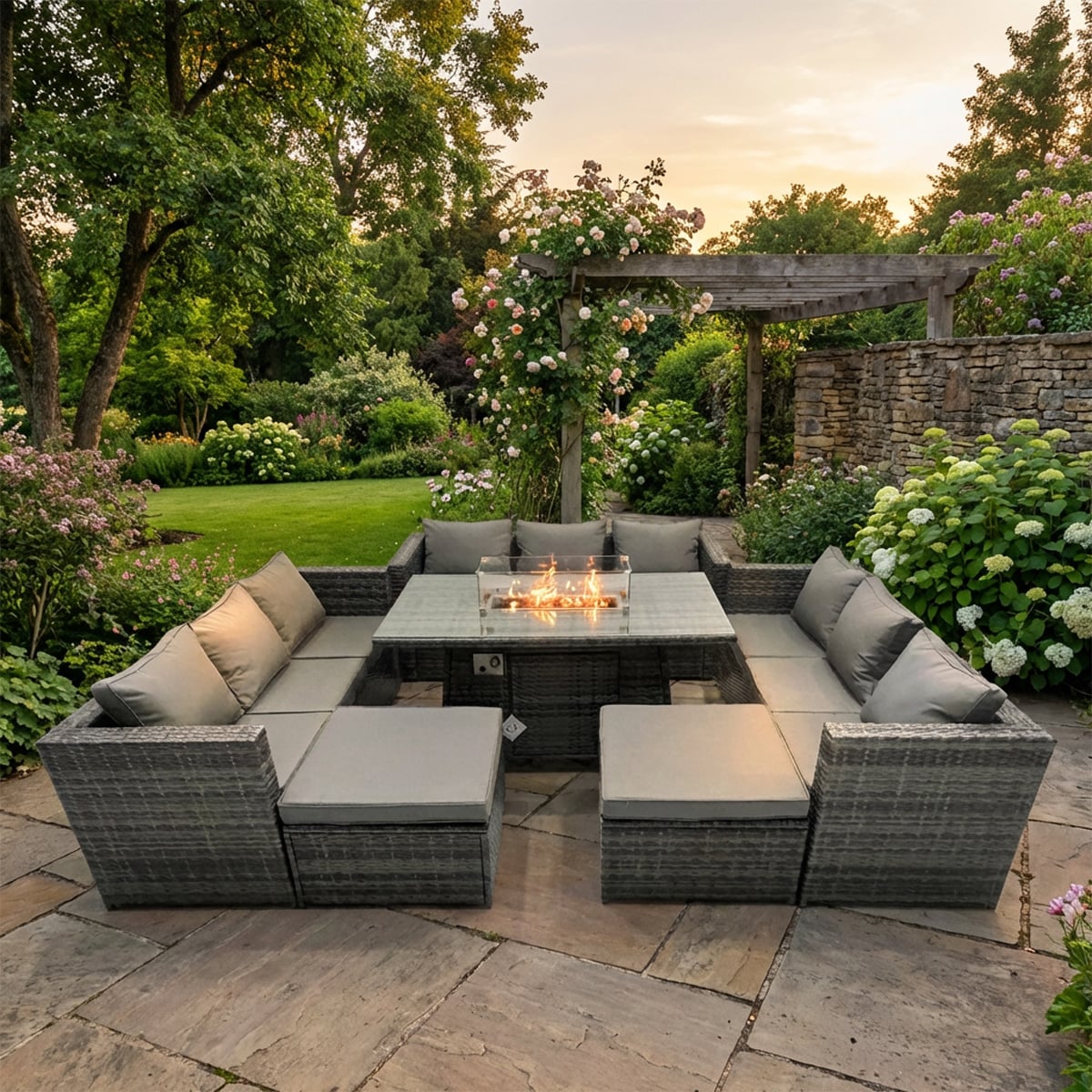 Rackhams Dark/Grey 11 Seater Outdoor Rattan Fire Pit Dining Set With 3 Sofas, 2 Footstools