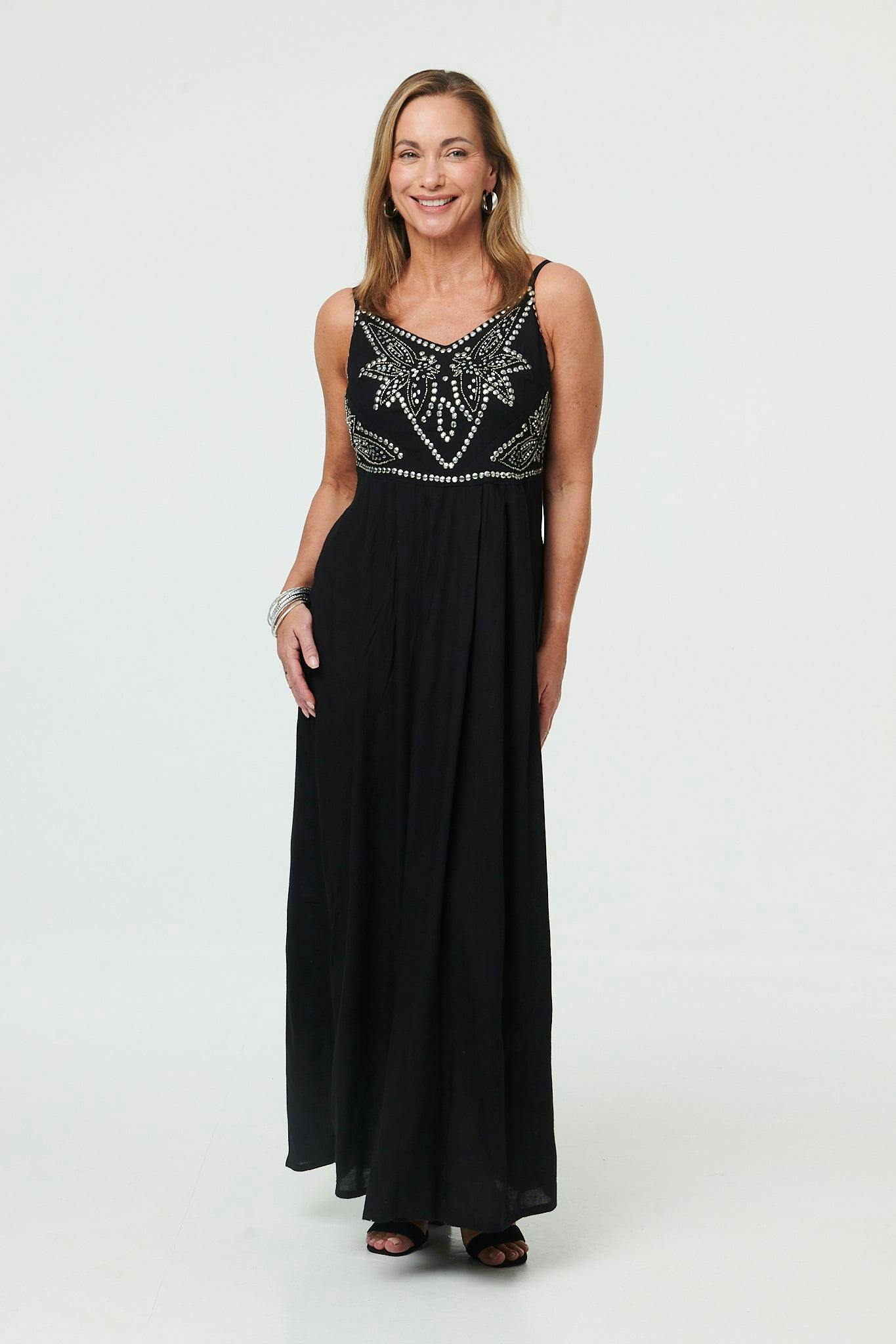 Izabel London Black Sequin Embellished Cami Strap Maxi Dress - 12