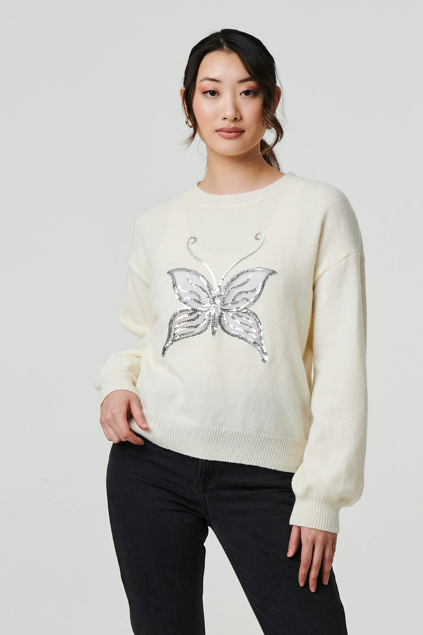 Izabel London White Butterfly Embellished Puff Sleeve Jumper - M
