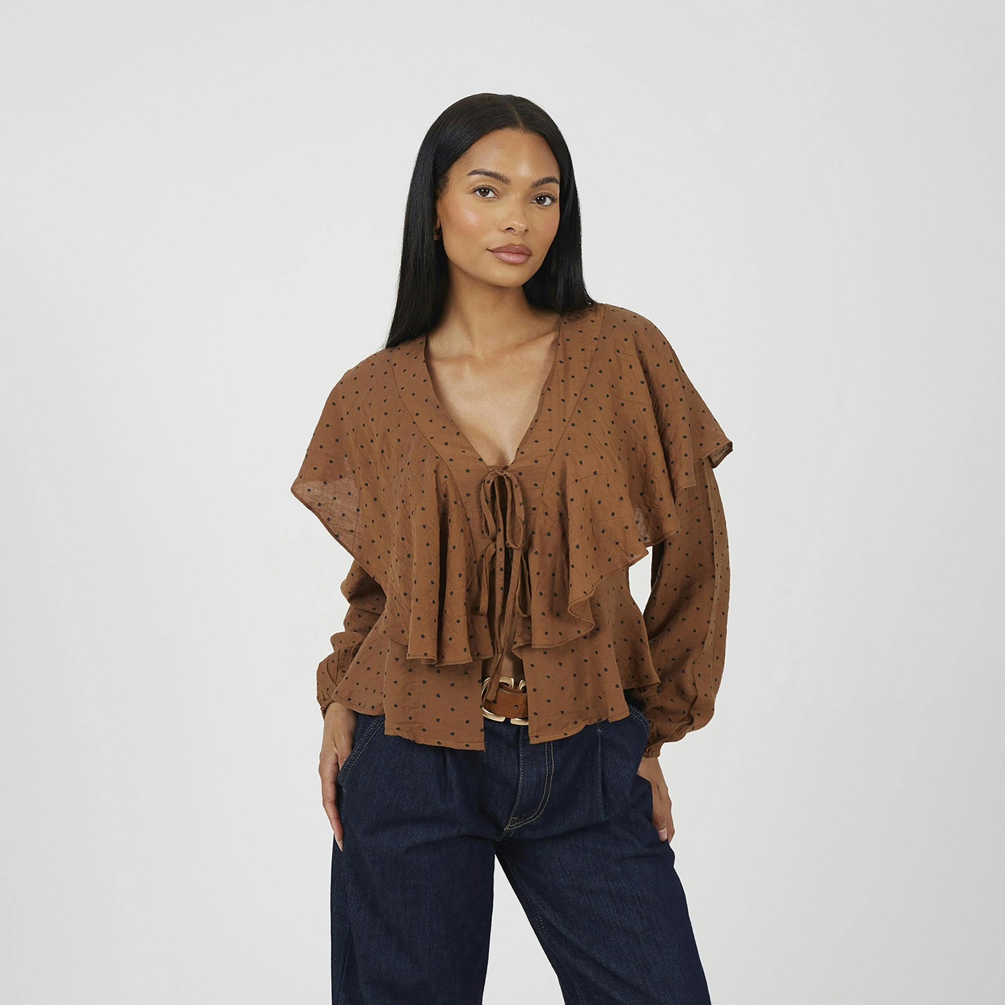 Brave Soul Brown Long Sleeve Top With Frill Detail - Xs