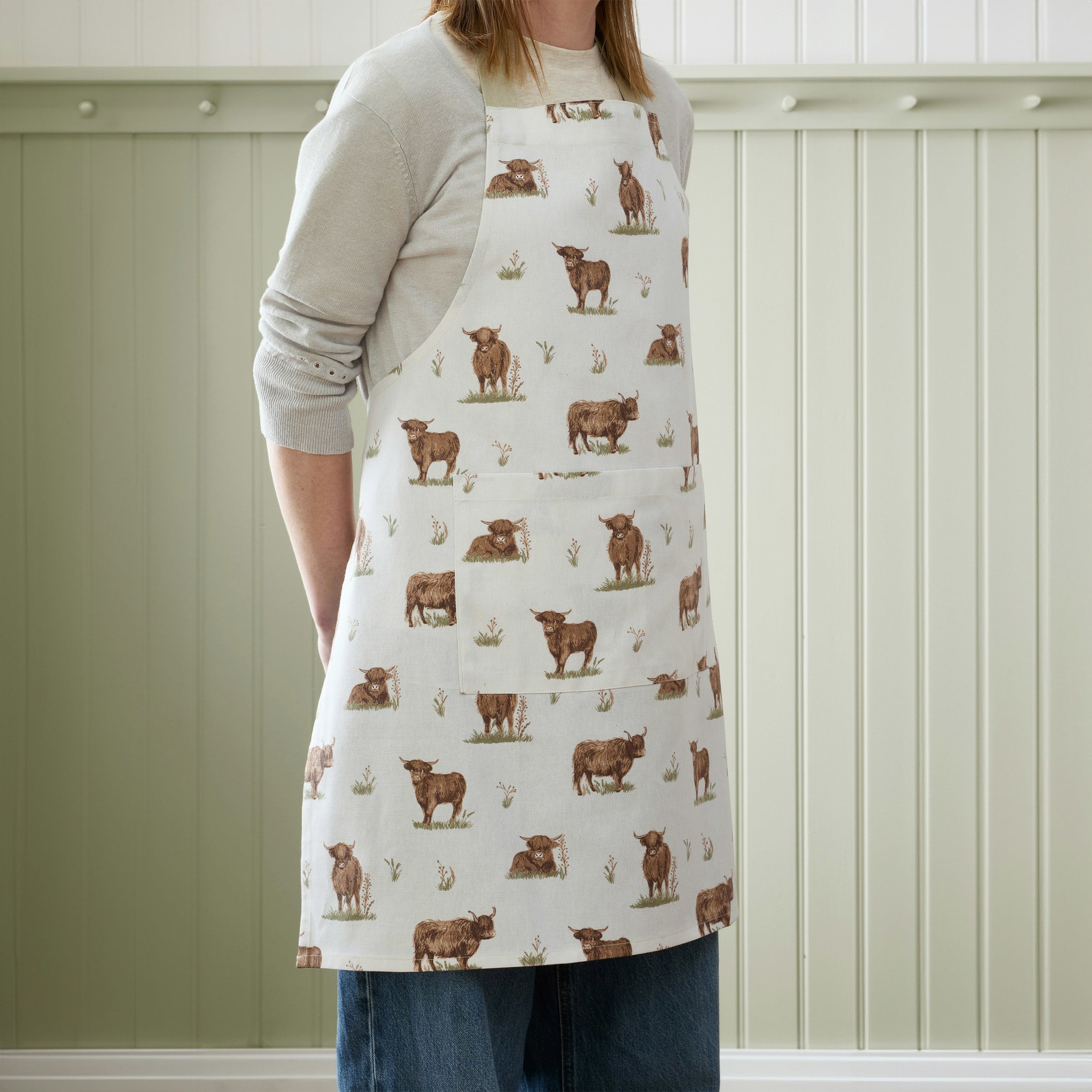 Rackhams Angus Highland Cow Cotton Kitchen Adult Apron Natural - Natural