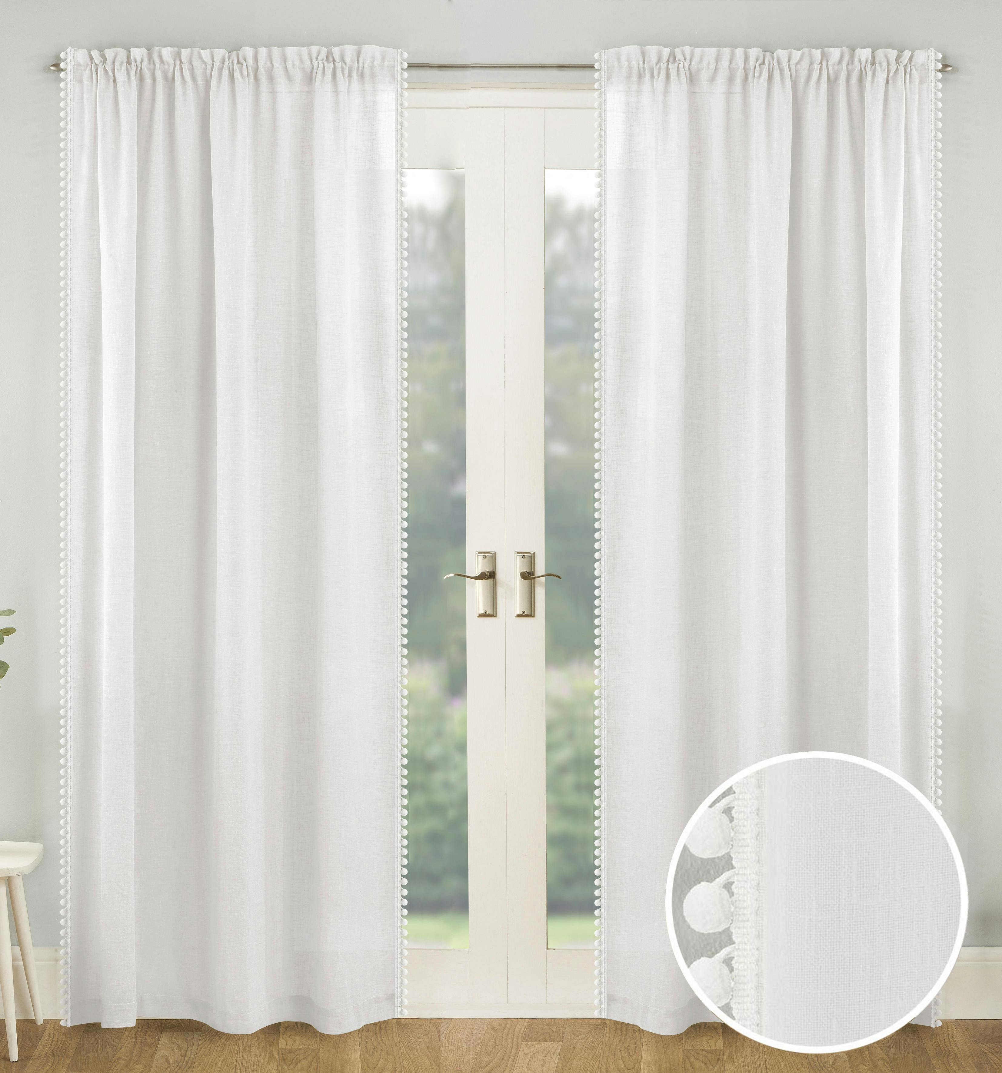 Rackhams White Pom-Pom Trim Linen-Look Voile Panel - Pair - 57" (145Cm) Width X 72" (183Cm) Drop