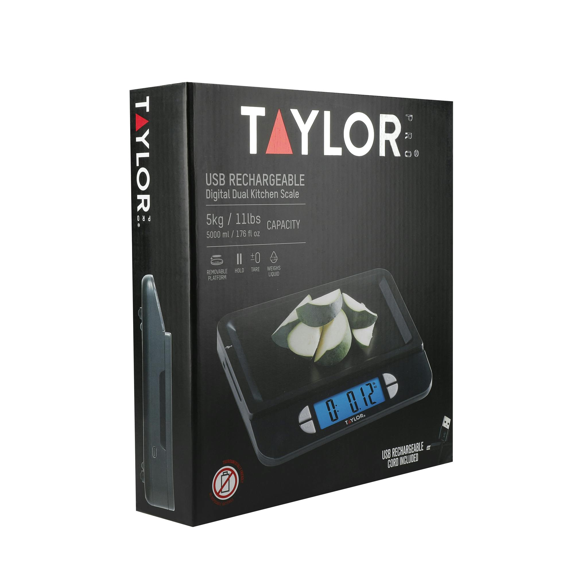 Taylor Black Pro Accurate Usb-Rechargeable Kitchen Scales With Tare Function In Gift Box, Stainless Steel