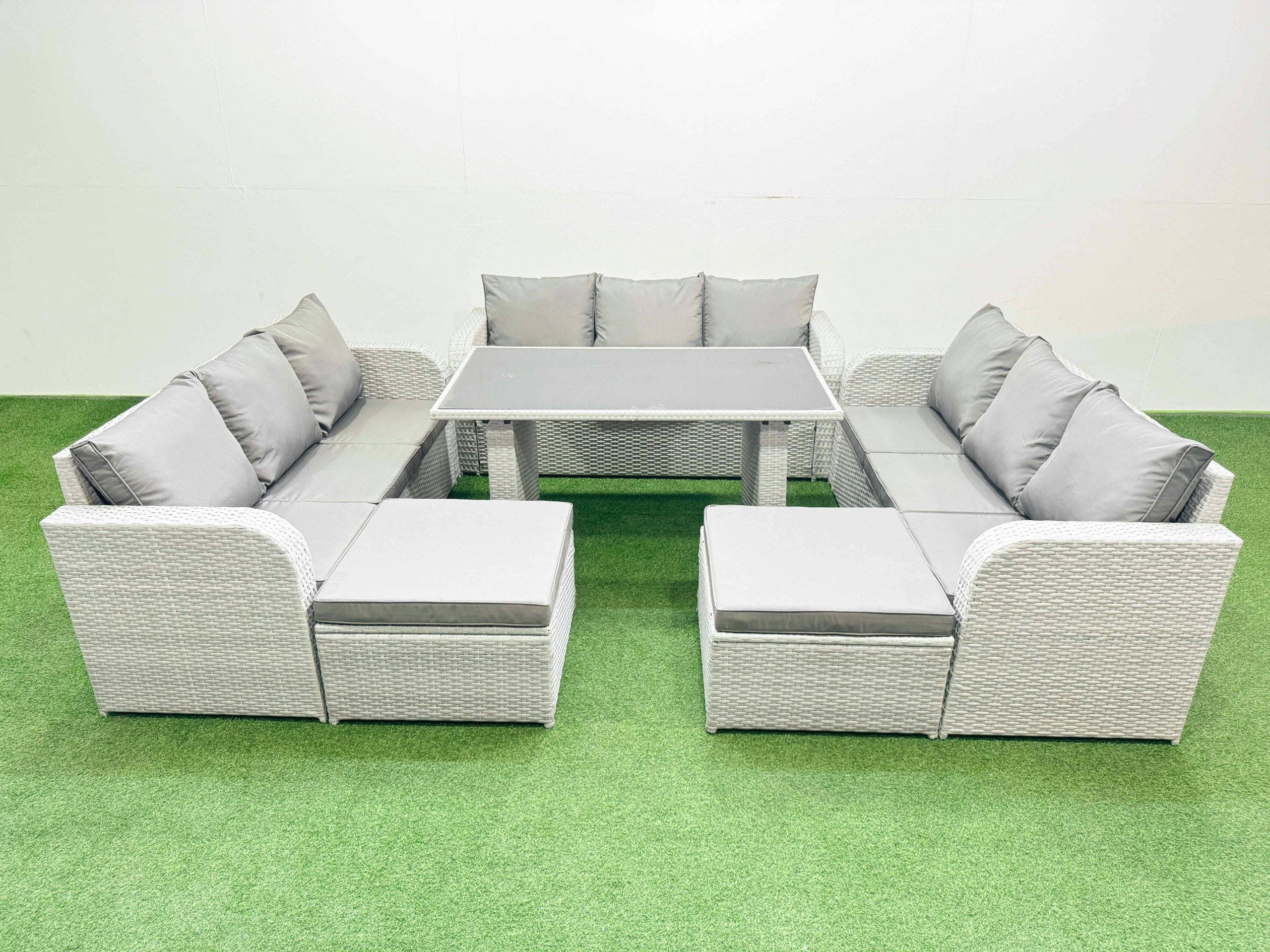 Fimous Black/Light/Grey Patio Garden Furniture Sets With Glass Top Dining Table 3 Seater Sofa 2 Big Stool