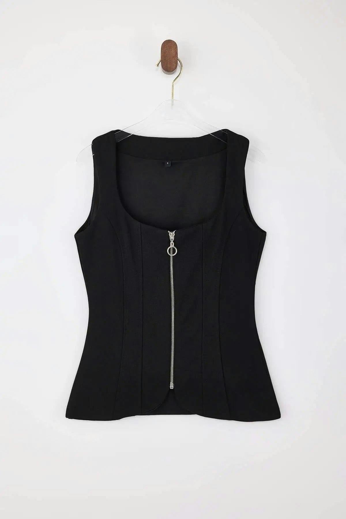 Wovcor Black Square Neck Zip-Up Sleeveless Scuba Crepe Knit Blouse - Xl