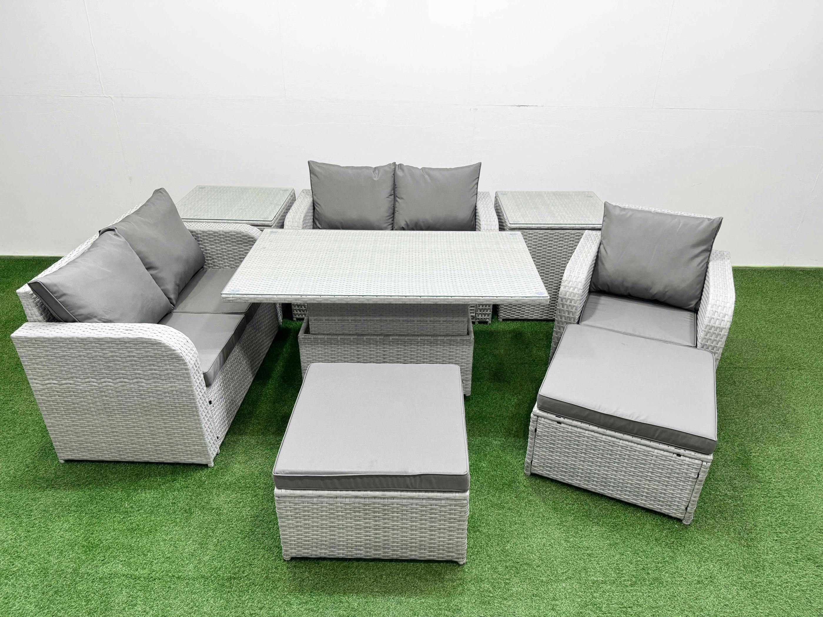 Fimous Light/Grey High Back Poly Rattan Garden Furniture Set, Adj Height Table, Reclining Loveseat, Indoor Outdoor, 2 Big Stools & 2 Side Tables,