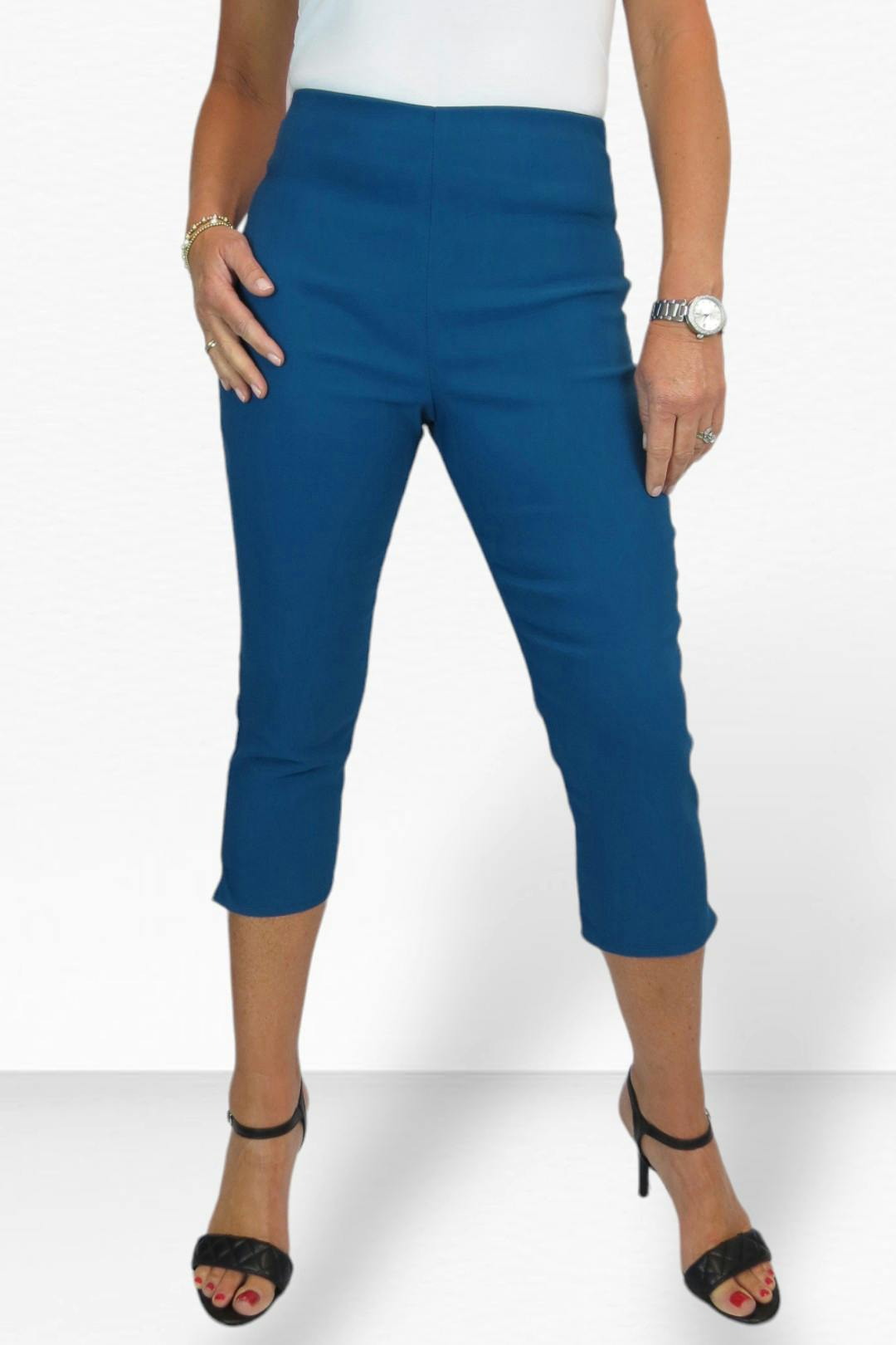 Paulo Due Women's Slim Leg Elastic Waist Cropped Trousers - 14 - Teal