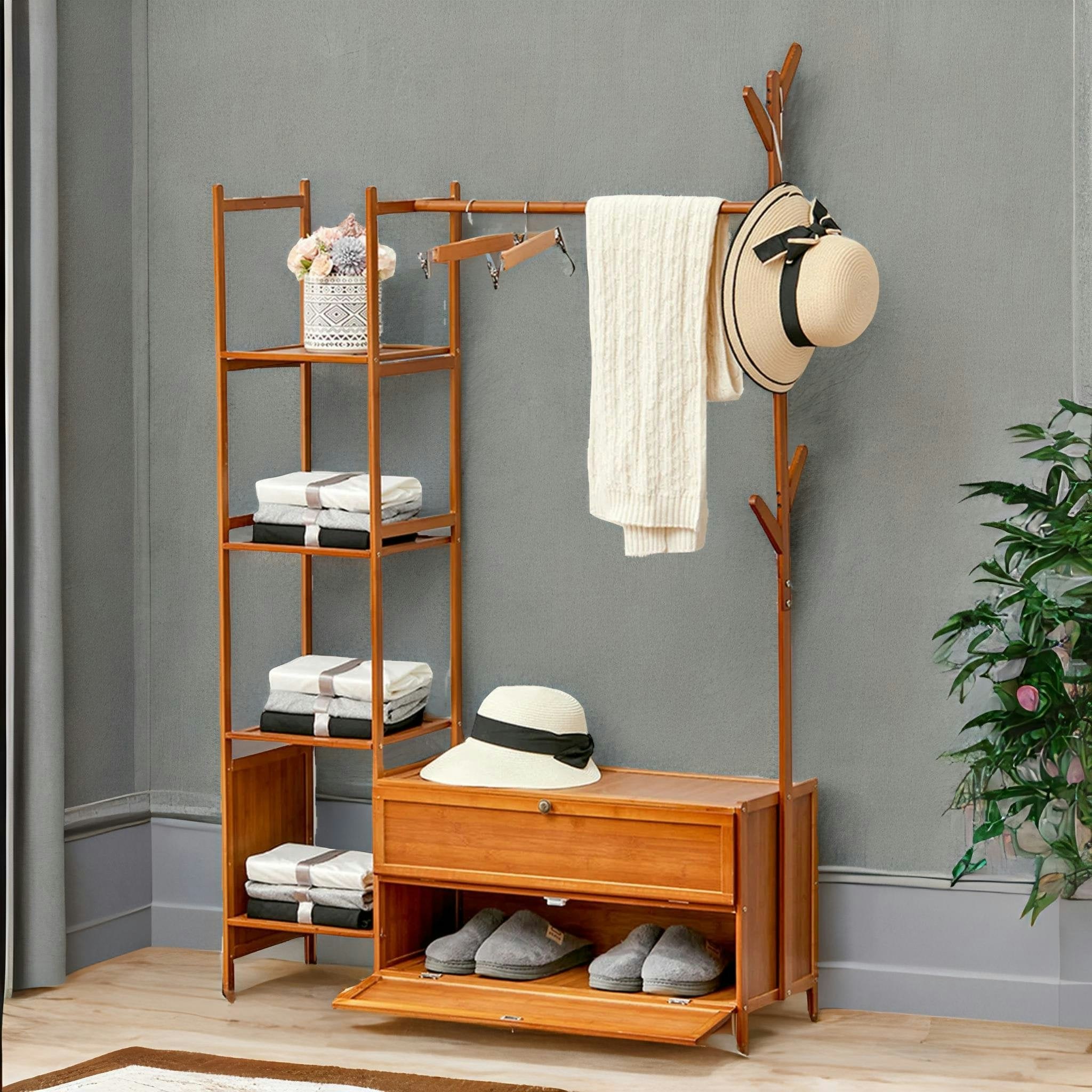 Bmbo Wooden Coat Stand With Hooks, Shelves & Cabinets