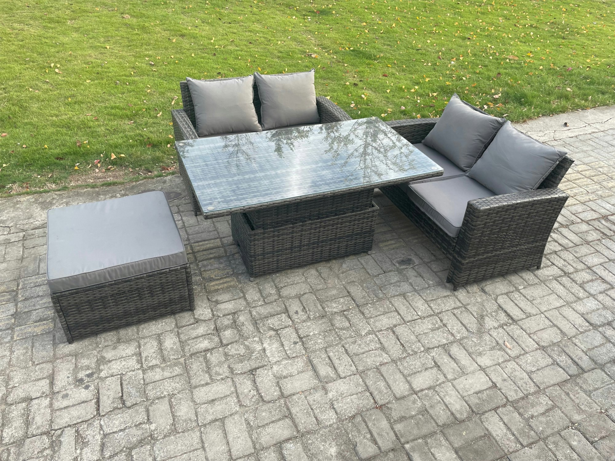 Fimous 4 Pieces Garden Furniture Sets Poly Rattan Outdoor Patio Height Adjustable Rising Lifting Table Sofa Dining Set With Big Footstool