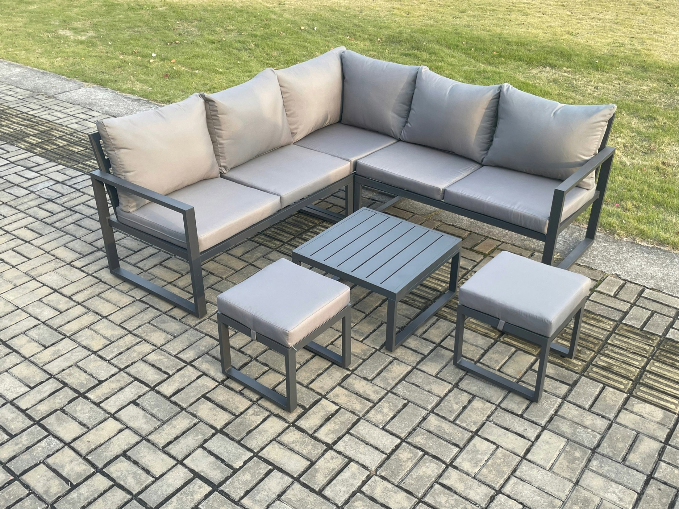 Fimous Dark/Grey Outdoor Garden Furniture Set Aluminium Lounge Sofa Square Coffee Table Sets With 2 Small Footstools Indoor Conservatory Set