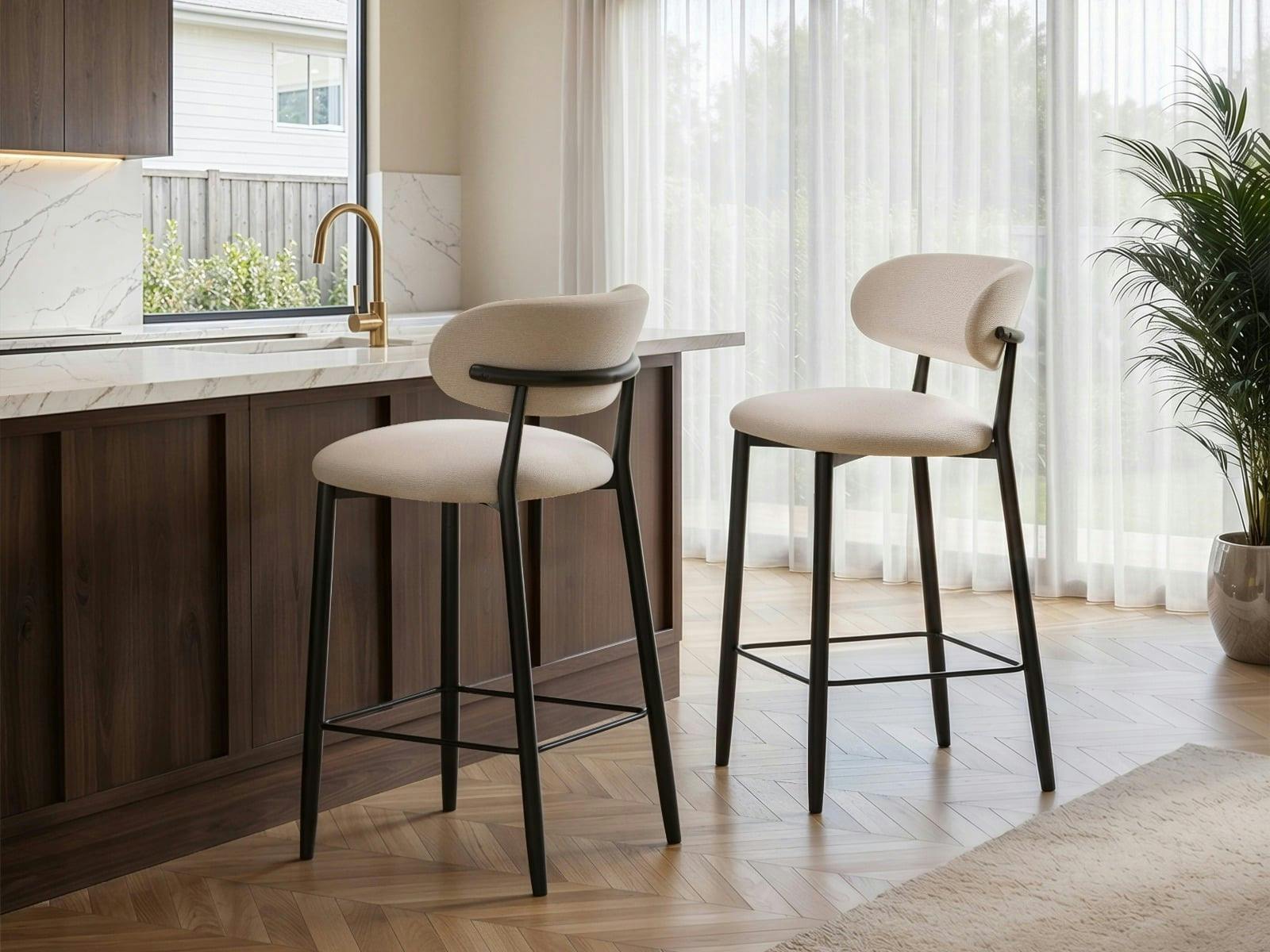 B&Q -  Cyra Set Of 2 Bar Stools With Curved Back & Footrest Beige Chenille - Image 3