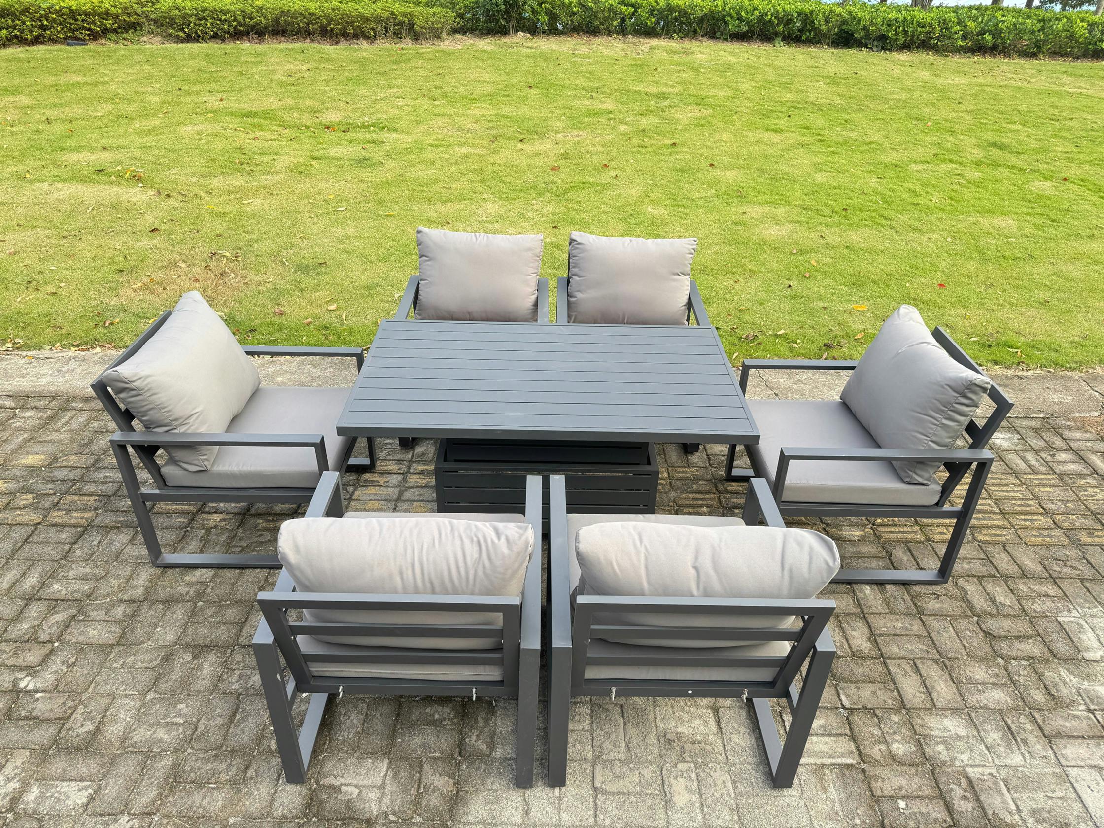Fimous Dark/Grey 6 Seater Aluminium Garden Furniture Set With Adjustable Rising Dining Table And 6 Chairs