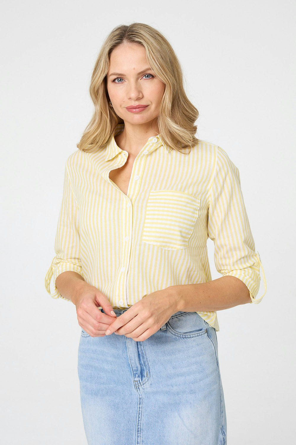 Izabel London Women's Yellow Striped Long Sleeve Shirt - 14
