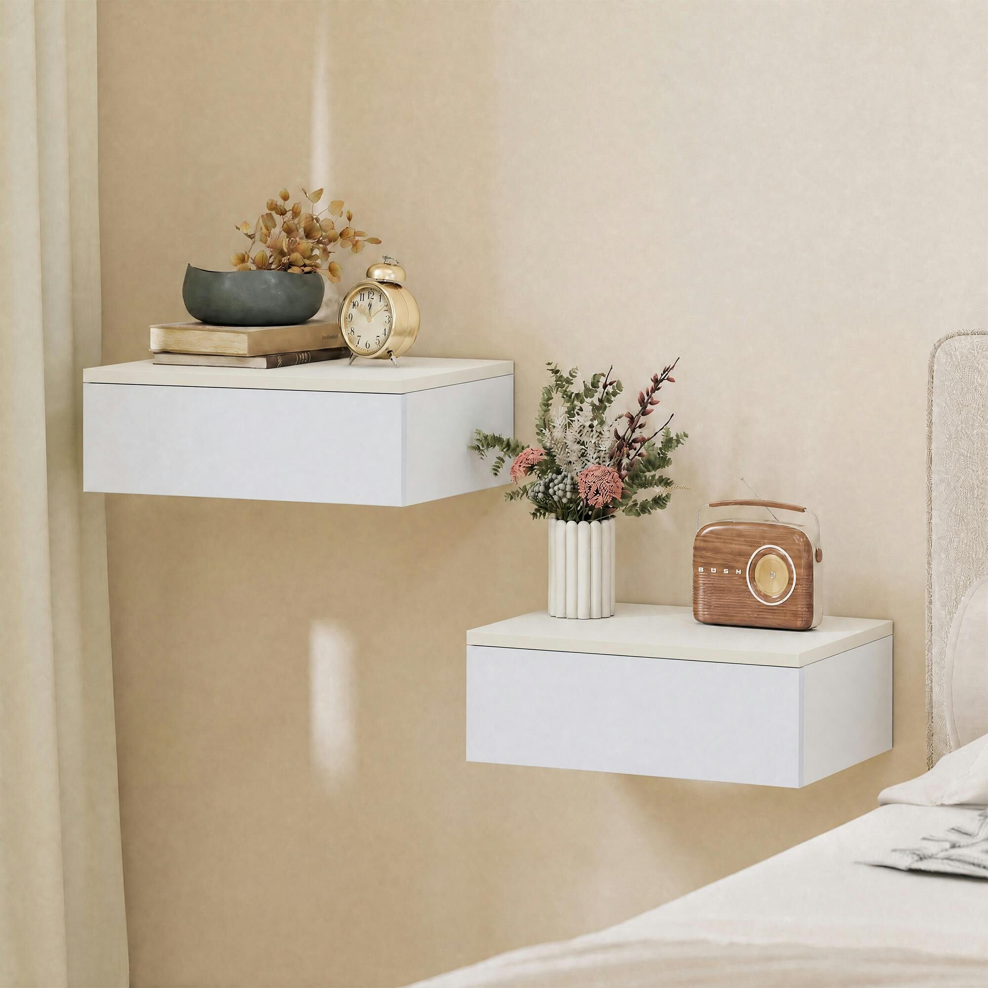Homcom Unisex White Wall Mounted Bedside Table With High Gloss Finish & Storage Drawer In Size 2 - Image 4
