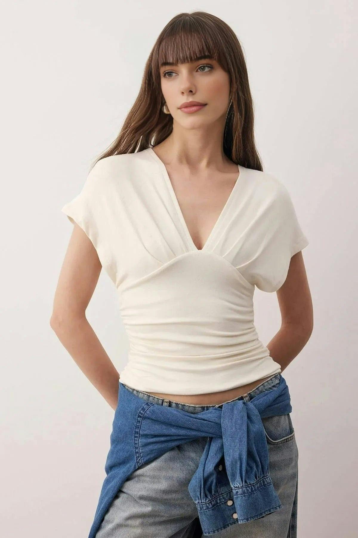 Wovcor Fitted Gathered Detail Knitted Blouse - Ecru - Xs