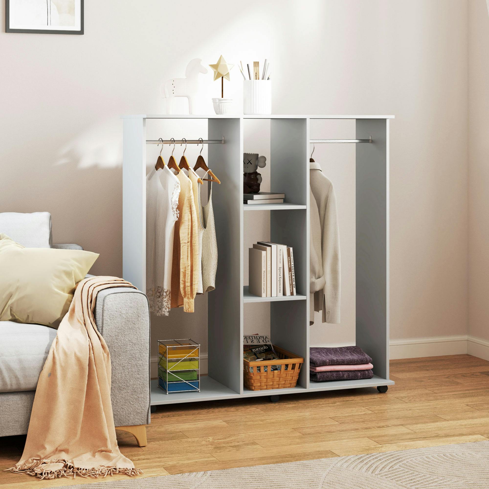 Homcom Black/Grey Mobile Double Open Wardrobe W/ Clothes Hanging Rail Colthing