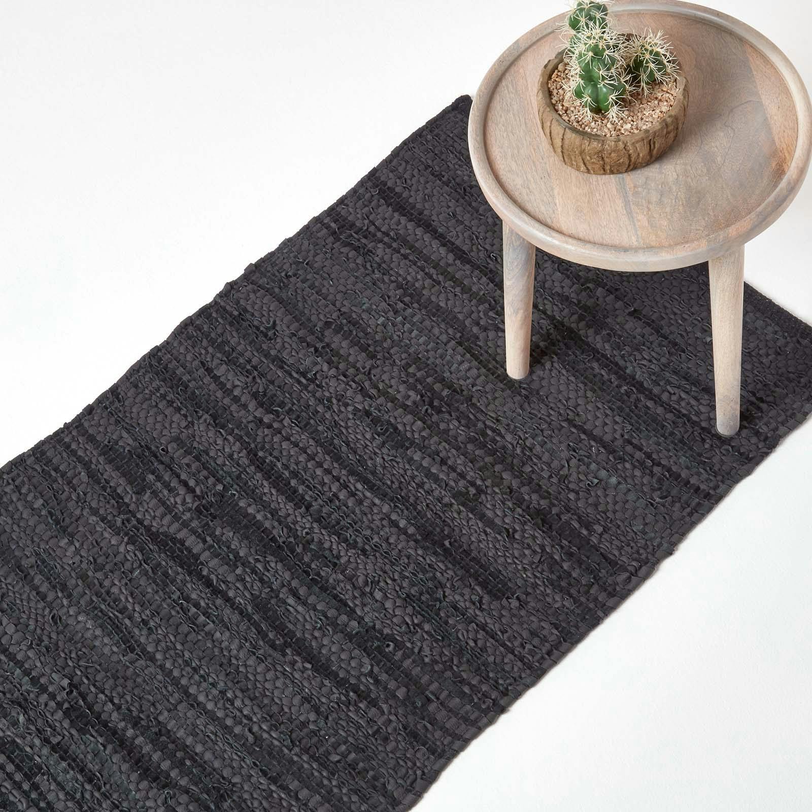 Homescapes Black Denver Leather Woven Rug - 66 X 200 Cm