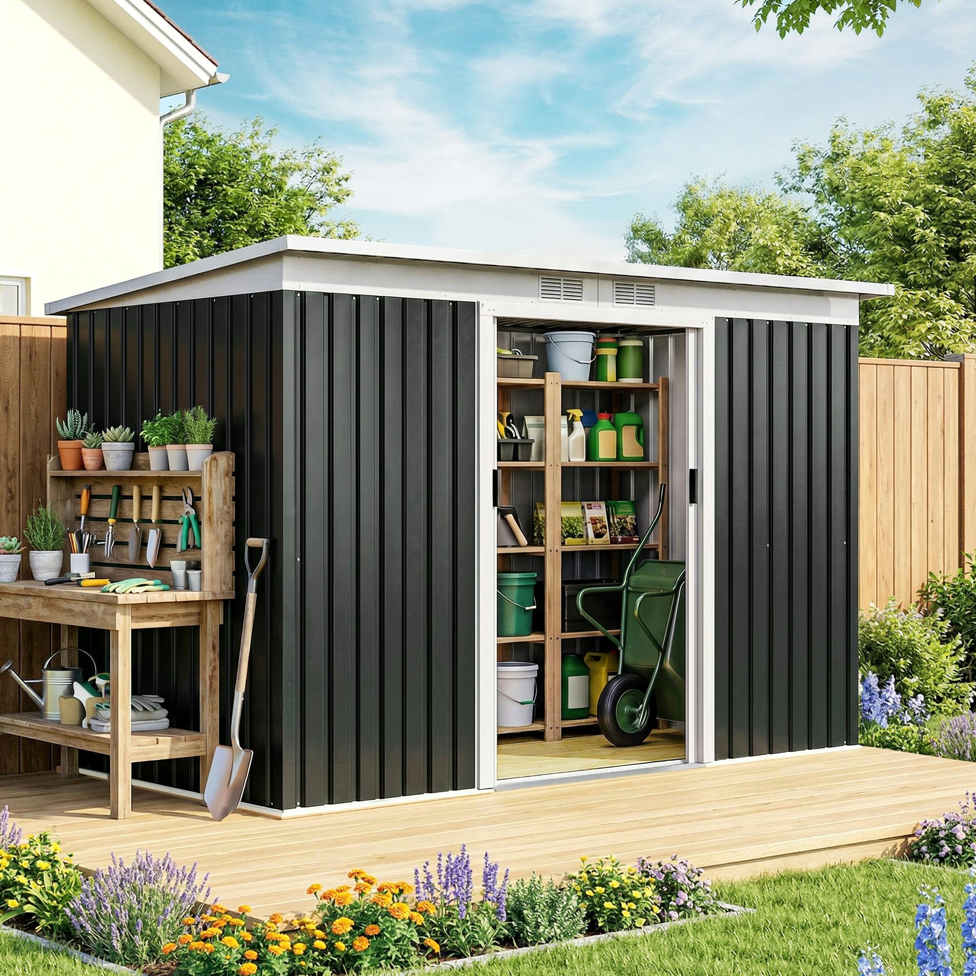 Outsunny Dark/Grey 9 X 4Ft Metal Garden Storage Shed W/ 2 Door,
