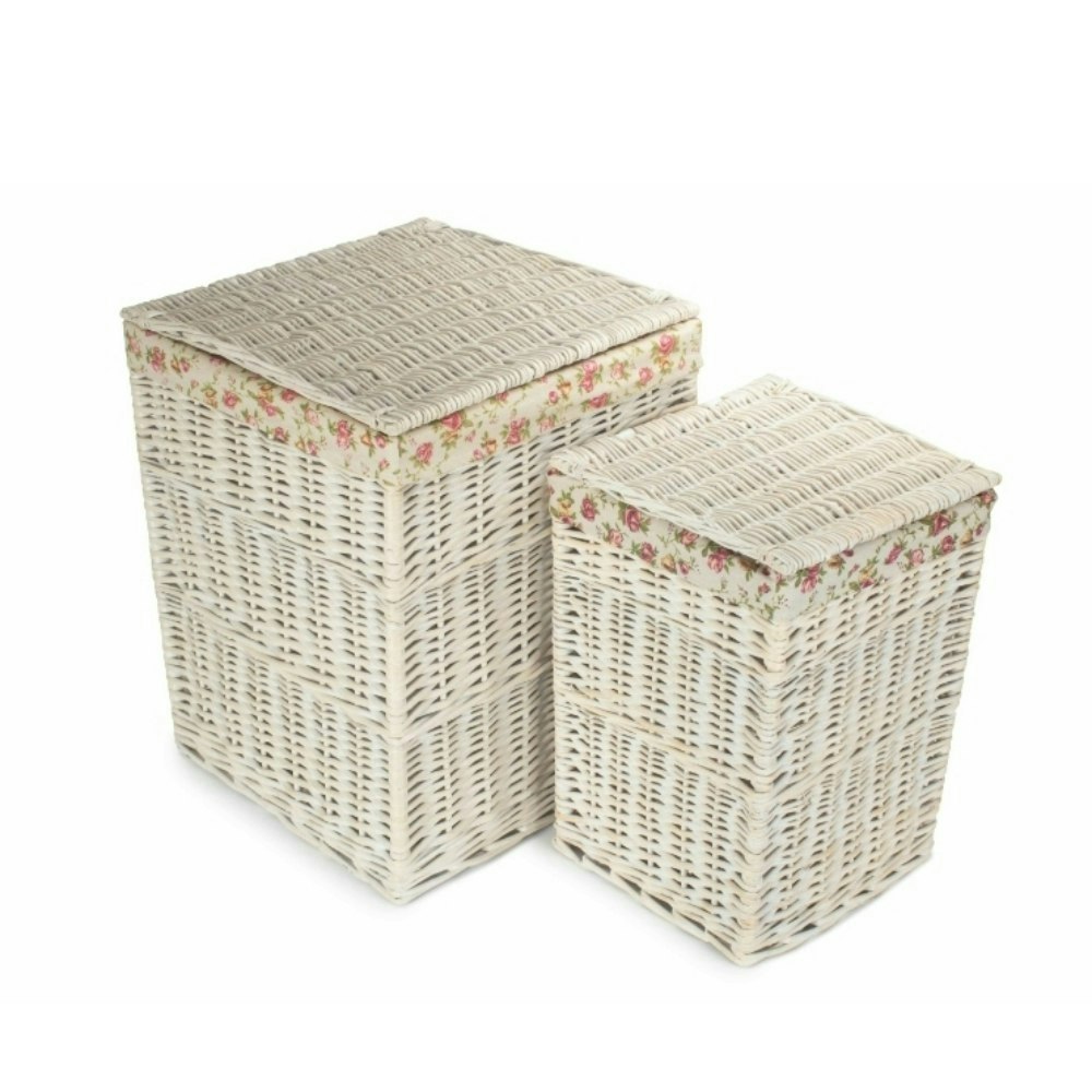 Red Hamper Red/White Hamper Set Of 2 Square Wash Wicker Laundry Basket With Garden Rose Lining