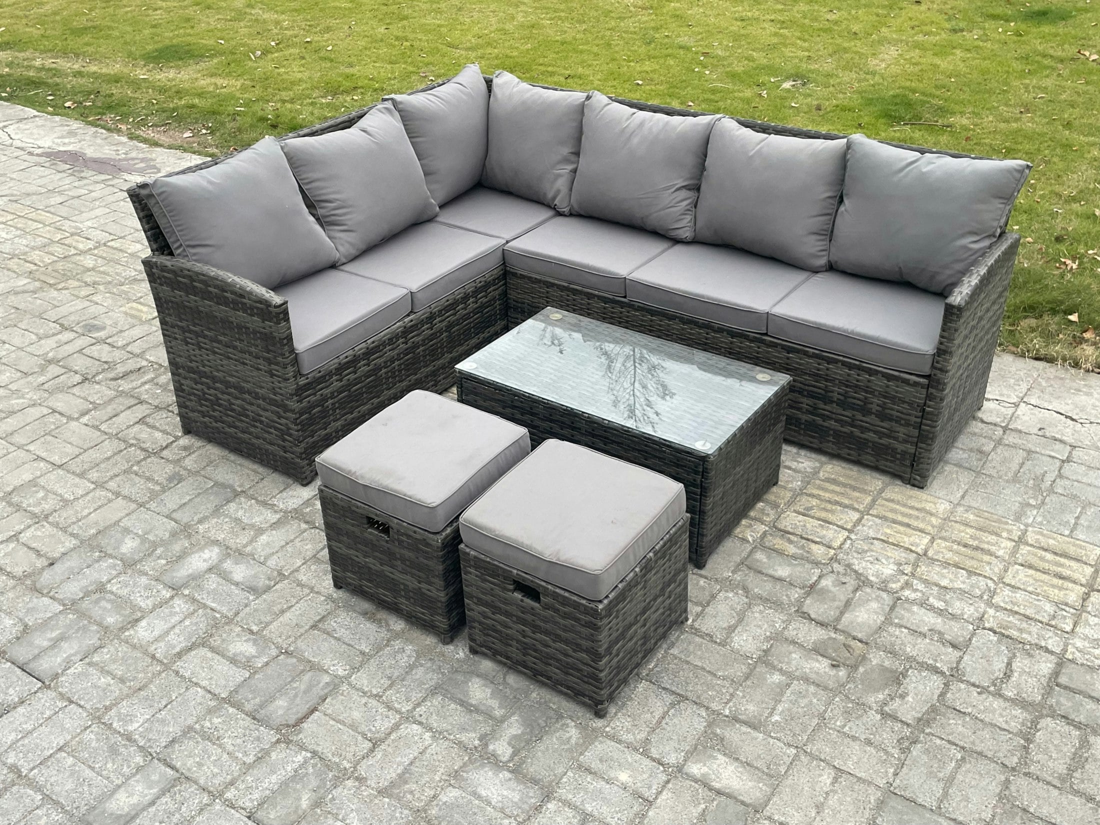 Fimous Dark/Grey Rattan Lounge Corner Sofa Set Wicker Pe Outdoor Garden Furniture Set With Rectangular Coffee Table 2 Small Footstools Mixed
