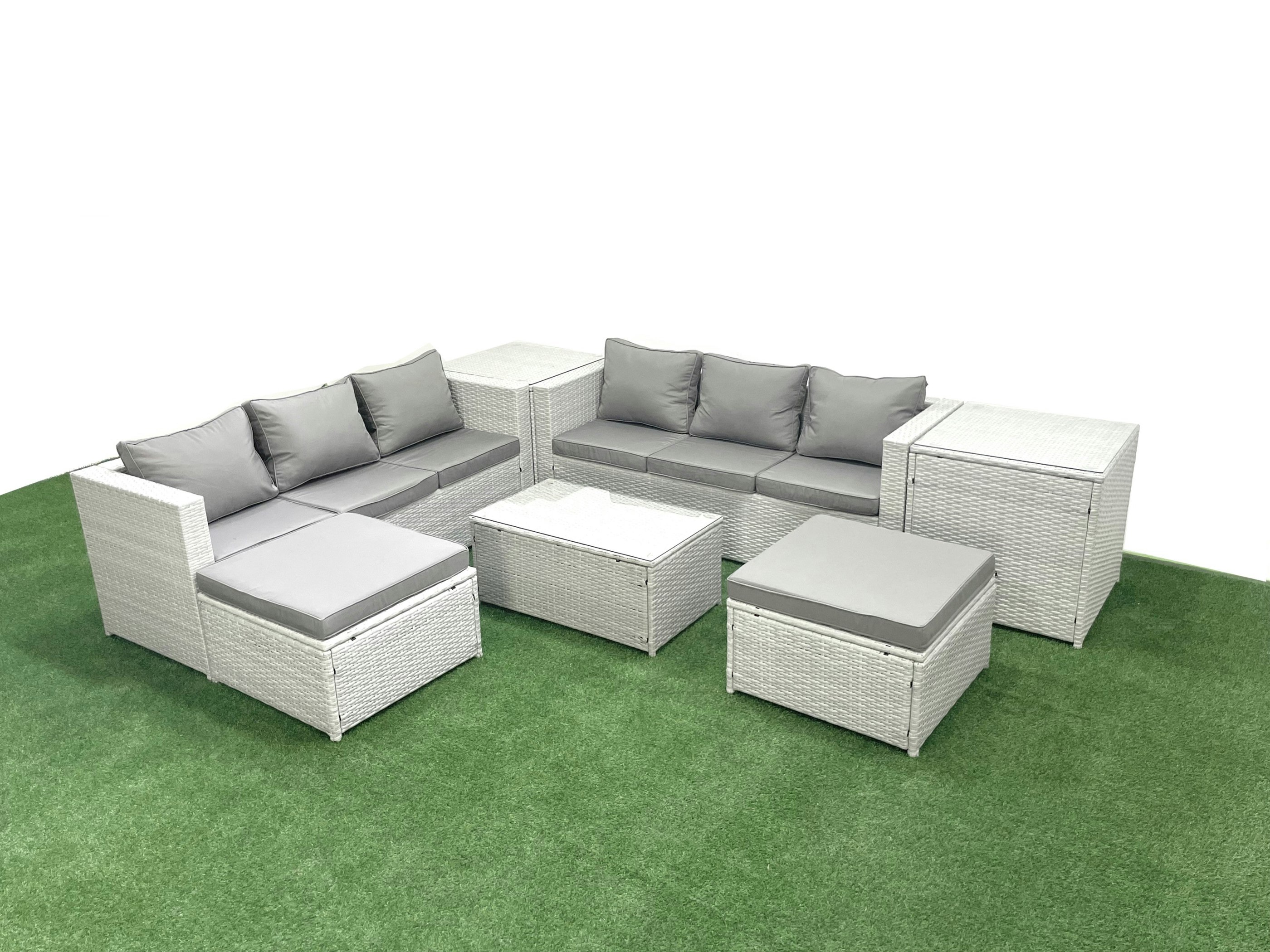 Rackhams Light/Grey Garden Outdoor Pe Rattan Furniture Set 8 Seater Rattan Garden Sofa Set With 2 Big Footstools 2 Side Tables Mixed
