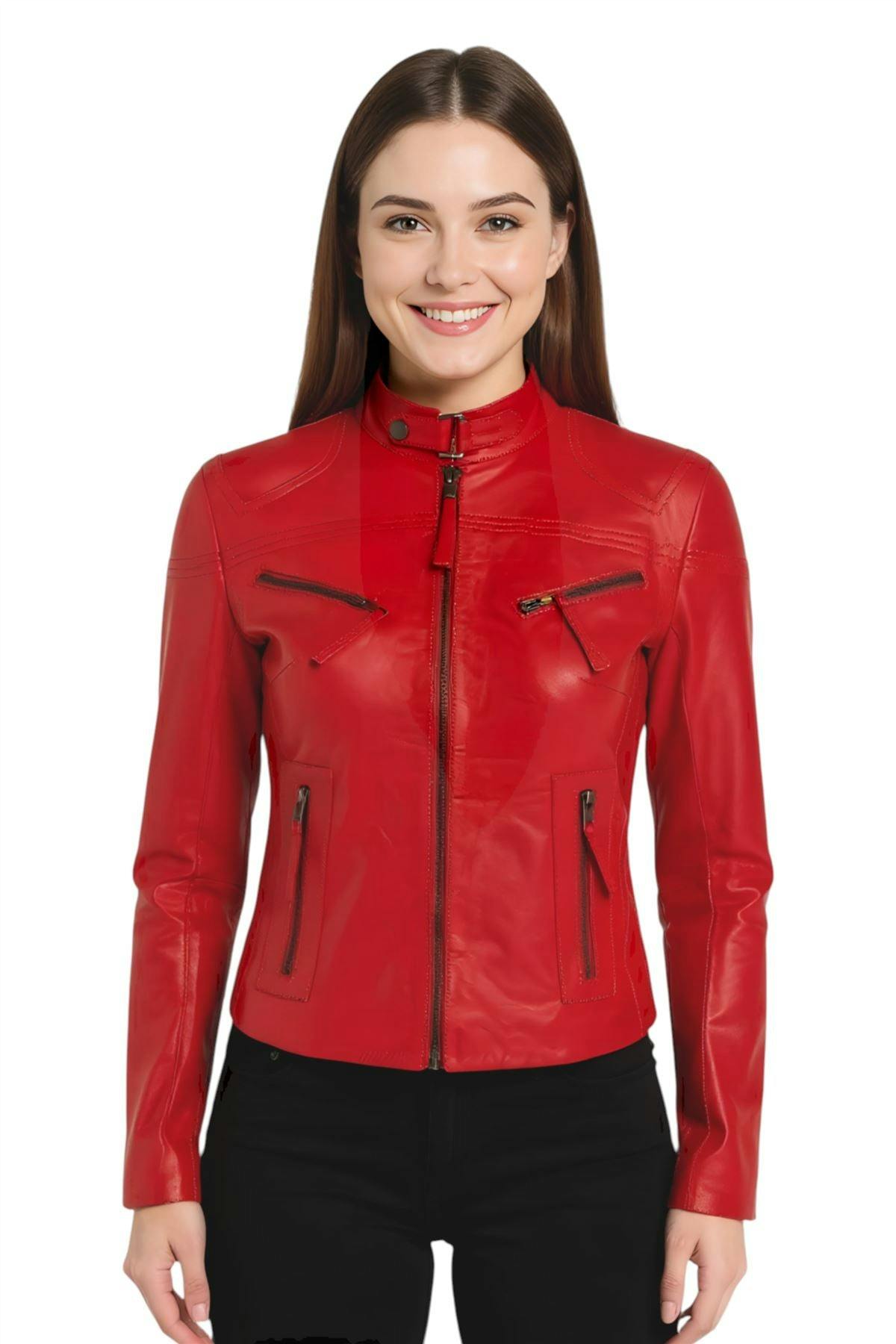 Infinity Leather Women's Red Casual Slim-Fit Leather Biker Jacket-Tulsa - Uk 5XL/24 | Eu 50 | Us 20