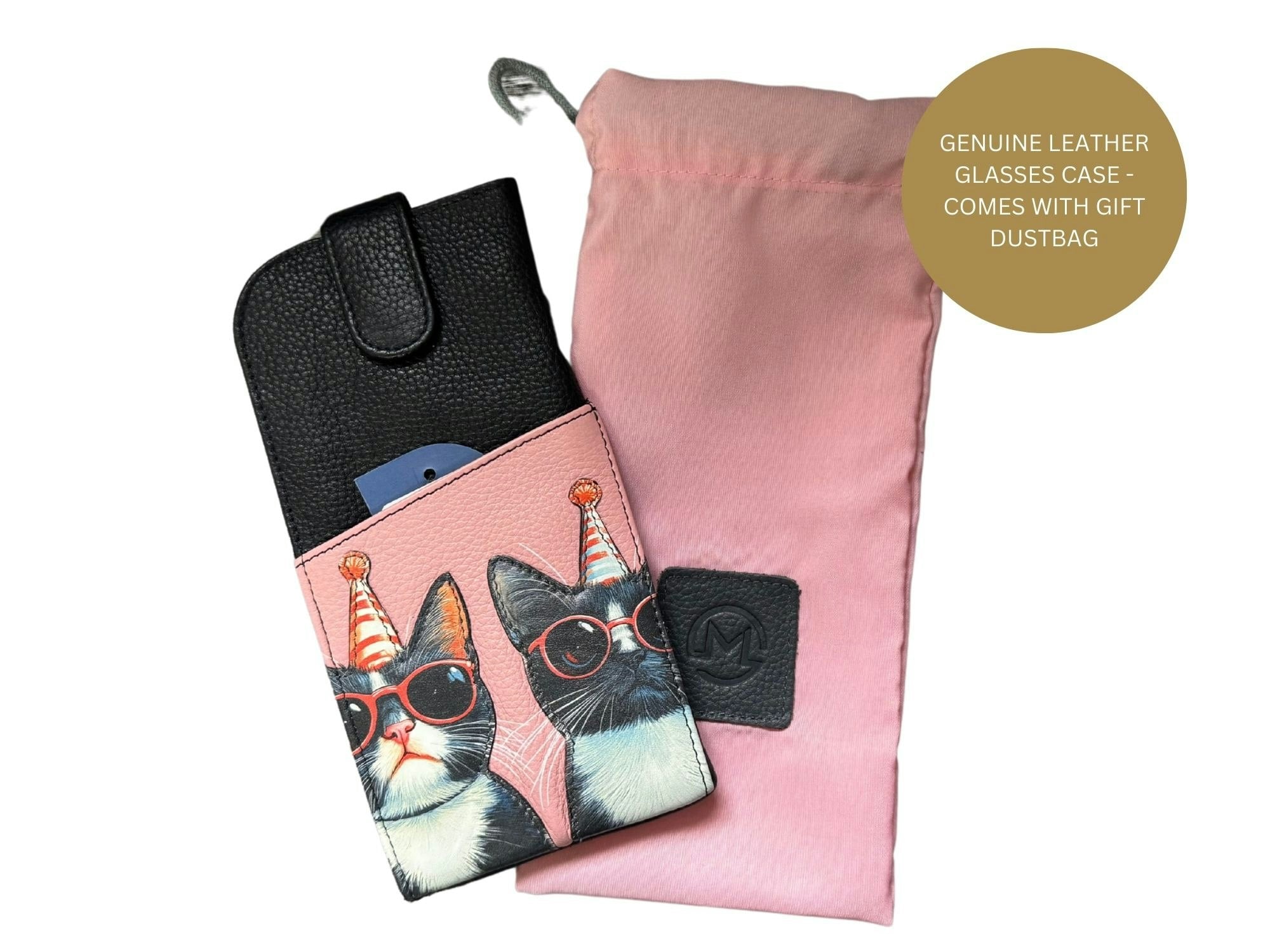 Mala Leather Black Cool Cats Wide Fit Leather Glasses Case - Multi